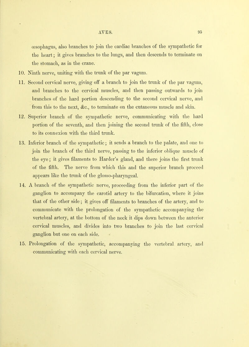oesophagus, also branches to join the cardiac branches of the sympathetic for the heart; it gives branches to the lungs, and then descends to terminate on the stomach, as in the crane. 10. Ninth nerve, uniting with the trunk of the par vagum. 11. Second cervical nerve, giving off a branch to join the trunk of the par vagum, and branches to the cervical muscles, and then passing outwards to join branches of the hard portion descending to the second cervical nerve, and from this to the next, &c, to terminate on the cutaneous muscle and skin. 12. Superior branch of the sympathetic nerve, communicating with the hard portion of the seventh, and then joining the second trunk of the fifth, close to its connexion with the third trunk. 13. Inferior branch of the sympathetic; it sends a branch to the palate, and one to join the branch of the third nerve, passing to the inferior oblique muscle of the eye; it gives filaments to Harder's gland, and there joins the first trunk of the fifth. The nerve from which this and the superior branch proceed appears like the trunk of the glosso-pharyngeal. 14. A branch of the sympathetic nerve, proceeding from the inferior part of the ganglion to accompany the carotid artery to the bifurcation, where it joins that of the other side; it gives off filaments to branches of the artery, and to communicate with the prolongation of the sympathetic accompanying the vertebral artery, at the bottom of the neck it dips down between the anterior cervical muscles, and divides into two branches to join the last cervical ganglion but one on each side. 15. Prolongation of the sympathetic, accompanying the vertebral artery, and communicating with each cervical nerve.