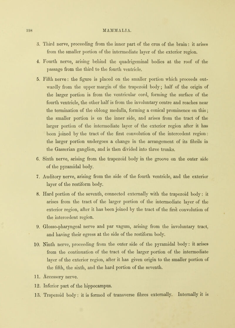 3. Third nerve, proceeding from the inner part of the cms of the brain: it arises from the smaller portion of the intermediate layer of the exterior region. 4. Fourth nerve, arising behind the quadrigeminal bodies at the roof of the passage from the third to the fourth ventricle. 5. Fifth nerve: the figure is placed on the smaller portion which proceeds out- wardly from the upper margin of the trapezoid body; half of the origin of the larger portion is from the ventricular cord, forming the surface of the fourth ventricle, the other half is from the involuntary centre and reaches near the termination of the oblong medulla, forming a conical prominence on this; the smaller portion is on the inner side, and arises from the tract of the larger portion of the intermediate layer of the exterior region after it has been joined by the tract of the first convolution of the intercedent region: the larger portion undergoes a change in the arrangement of its fibrils in the Gasserian ganglion, and is then divided into three trunks. 6. Sixth nerve, arising from the trapezoid body in the groove on the outer side of the pyramidal body. 7. Auditory nerve, arising from the side of the fourth ventricle, and the exterior layer of the restiform body. 8. Hard portion of the seventh, connected externally with the trapezoid body: it arises from the tract of the larger portion of the intermediate layer of the exterior region, after it has been joined by the tract of the first convolution of the intercedent region. 9. Glossopharyngeal nerve and par vagum, arising from the involuntary tract, and having their egress at the side of the restiform body. 10. Ninth nerve, proceeding from the outer side of the pyramidal body: it arises from the continuation of the tract of the larger portion of the intermediate layer of the exterior region, after it has given origin to the smaller portion of the fifth, the sixth, and the hard portion of the seventh. 11. Accessory nerve. 12. Inferior part of the hippocampus. 13. Trapezoid body: it is formed of transverse fibres externally. Internally it is