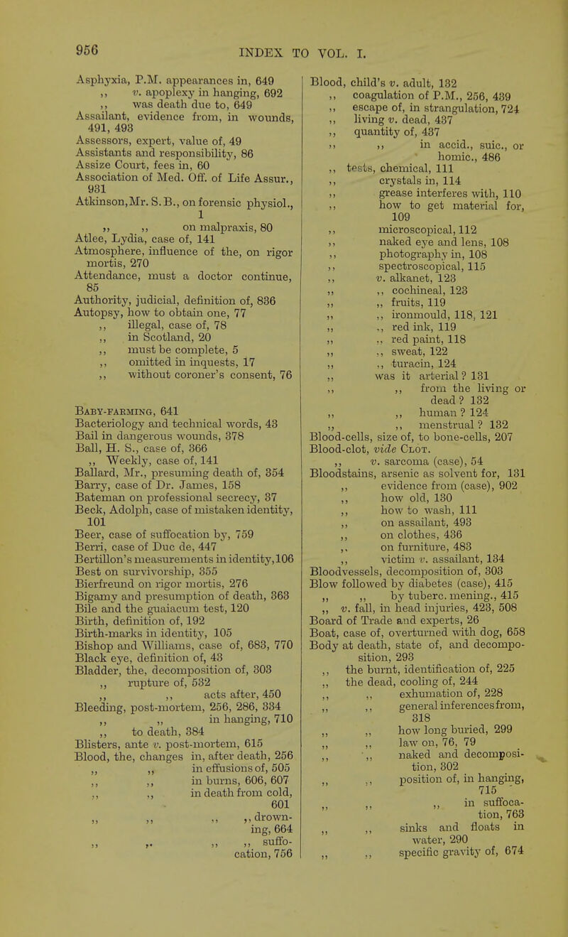 Asphyxia, P.M. appearances in, 649 ,, V. apoplexy in hanging, 692 ,, was death due to, 649 Assailant, evidence from, in wounds, 491, 493 Assessors, expert, value of, 49 Assistants and responsibility, 86 Assize Court, fees in, 60 Association of Med. Oli'. of Life Assur,, 931 Atkinson,Mr. S. B., on forensic physioL, „ on malpraxis, 80 Atlee, Lydia, case of, 141 Atmosphere, influence of the, on rigor mortis, 270 Attendance, must a doctor continue, 85 Authority, judicial, definition of, 836 Autopsy, how to obtain one, 77 ,, illegal, case of, 78 ,, in Scotland, 20 ,, mvistbe complete, 5 ,, omitted in inquests, 17 ,, without coroner's consent, 76 Baby-faeming, 641 Bacteriology and technical words, 43 Bail in dangerous wounds, 378 Ball, H. S., case of, 366 ,, Weekly, case of, 141 Ballard, Mr., presuming death of, 354 Barry, case of Dr. James, 168 Bateman on professional secrecy, 37 Beck, Adolph, case of mistaken identitj^ 101 Beer, case of suffocation by, 759 Berri, case of Due de, 447 Bertillon's measurements in identity, 106 Best on survivorship, 355 Bierfreund on rigor mortis, 276 Bigamy and presumption of death, 363 Bile and the guaiacum test, 120 Birth, definition of, 192 Bkth-marks in identity, 105 Bishop and Williams, case of, 683, 770 Black eye, definition of, 43 Bladder, the, decomposition of, 303 ,, rupture of, 532 ,, ,, acts after, 450 Bleeding, post-mortem, 256, 286, 334 ,, „ in hanging, 710 ,, to death, 384 Blisters, ante v. post-mortem, 615 Blood, the, changes in, after death, 256 „ in ef¥usiousof, 505 ,, ,, in bimis, 606,607 in death from cold, 601 ».<lrown- ing, 664 „ „ ,, suffo- cation, 756 Blood, child's v. adult, 132 ,, coagulation of P.M., 256, 439 ,, escape of, in strangulation, 724 ,, living V. dead, 437 ,, quantity of, 437 )> ,, in accid., suic, or homic, 486 ,, tests, chemical. 111 ,, crystals in, 114 ,, grease interferes with, 110 ,, how to get material for, 109 ,, microscopical, 112 ,, naked eye and lens, 108 ,, photography m, 108 ,, spectroscopical, 115 ,, V. alkanet, 123 ,, ,, cochineal, 123 ,, ,, fruits, 119 ,, ,, ironmould, 118, 121 ,, ., red ink, 119 ,, red paint, 118 „ ., sweat, 122 ,, ,, turacin, 124 ,, was it arterial ? 131 ,, ,, from the living or dead? 132 ,, ,, human ? 124 „ ,, menstrual ? 132 Blood-cells, size of, to bone-cells, 207 Blood-clot, vide Clot. ,, V. sarcoma (case), 54 Bloodstains, arsenic as solvent for, 131 ,, evidence from (case), 902 how old, 130 ,, how to wash. 111 ,, on assailant, 493 ,, on clothes, 436 ,. on furniture, 483 ,, victim V. assailant, 134 Bloodvessels, decomposition of, 303 Blow followed by diabetes (case), 415 ,, ,, bj'tuberc. menmg., 415 ,, V. fall, in head injuries, 423, 508 Board of Trade and experts, 26 Boat, case of, overturned v,-ith. dog, 658 Body at death, state of, and decompo- sition, 293 ,, the burnt, identification of, 225 ,, the dead, cooling of, 244 „ exhumation of, 228 ,, ,, general inferences from, 318 „ „ how long buried, 299 law on, 76, 79 ,, ■„ naked and decomposi- tion, 302 ,, ,, position of, in hanging, 715 in suffoca- tion, 763 ,, sinlcs and floats in water, 290 „ ,, specific gravity of, 674