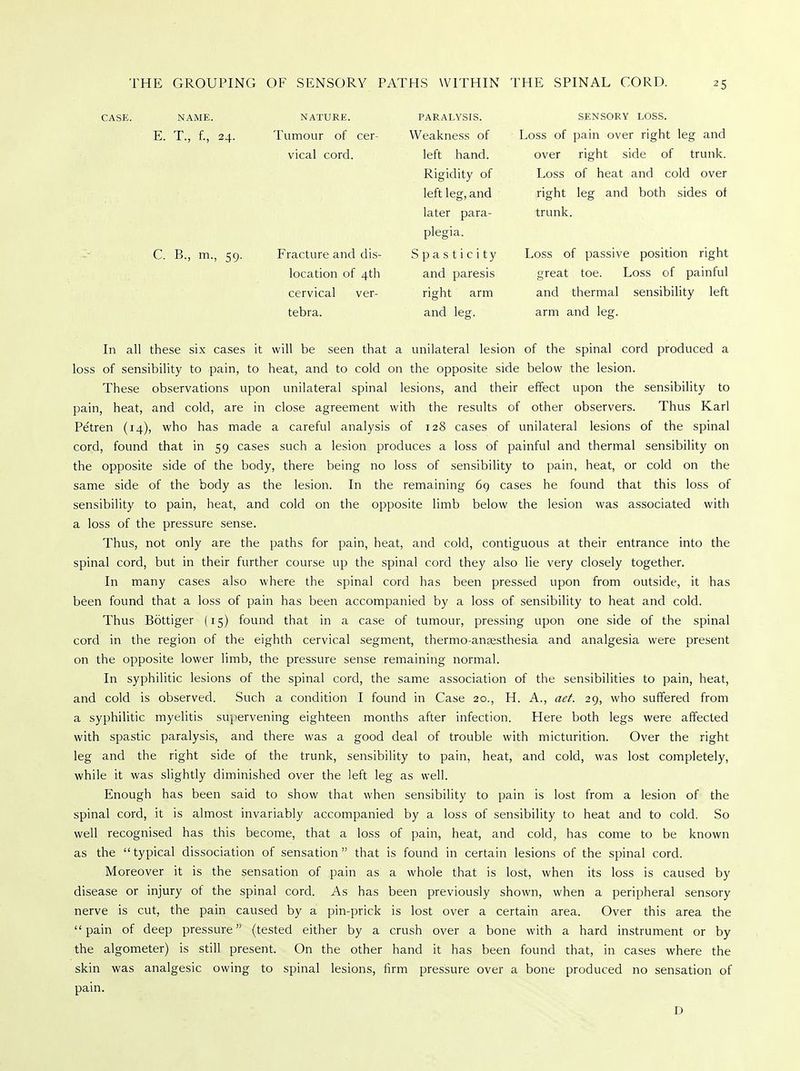 CASE. NAME. E. T, f., 24. C. B., m., 59. NATURE. Tumour of cer- vical cord. Fracture and dis- location of 4th cervical ver- tebra. PARALYSIS. SENSORY LOSS. Weakness of Loss of pain over right leg and left hand. over right side of trunk. Rigidity of Loss of heat and cold over left leg, and right leg and both sides of later para- trunk, plegia. Spasticity Loss of passive position right and paresis great toe. Loss of painful right arm and thermal sensibility left and leg. arm and leg. In all these six cases it will be seen that a unilateral lesion of the spinal cord produced a loss of sensibility to pain, to heat, and to cold on the opposite side below the lesion. These observations upon unilateral spinal lesions, and their effect upon the sensibility to pain, heat, and cold, are in close agreement with the results of other observers. Thus Karl Pe'tren (14), who has made a careful analysis of 128 cases of unilateral lesions of the spinal cord, found that in 59 cases such a lesion produces a loss of painful and thermal sensibility on the opposite side of the body, there being no loss of sensibility to pain, heat, or cold on the same side of the body as the lesion. In the remaining 69 cases he found that this loss of sensibility to pain, heat, and cold on the opposite limb below the lesion was associated with a loss of the pressure sense. Thus, not only are the paths for pain, heat, and cold, contiguous at their entrance into the spinal cord, but in their further course up the spinal cord they also lie very closely together. In many cases also where the spinal cord has been pressed upon from outside, it has been found that a loss of pain has been accompanied by a loss of sensibility to heat and cold. Thus Bottiger (15) found that in a case of tumour, pressing upon one side of the spinal cord in the region of the eighth cervical segment, thermo-anajsthesia and analgesia were present on the opposite lower limb, the pressure sense remaining normal. In syphilitic lesions of the spinal cord, the same association of the sensibilities to pain, heat, and cold is observed. Such a condition I found in Case 20., H. A., aet. 29, who suffered from a syphilitic myelitis supervening eighteen months after infection. Here both legs were affected with spastic paralysis, and there was a good deal of trouble with micturition. Over the right leg and the right side of the trunk, sensibility to pain, heat, and cold, was lost completely, while it was slightly diminished over the left leg as well. Enough has been said to show that when sensibility to pain is lost from a lesion of the spinal cord, it is almost invariably accompanied by a loss of sensibility to heat and to cold. So well recognised has this become, that a loss of pain, heat, and cold, has come to be known as the  typical dissociation of sensation that is found in certain lesions of the spinal cord. Moreover it is the sensation of pain as a whole that is lost, when its loss is caused by disease or injury of the spinal cord. As has been previously shown, when a peripheral sensory nerve is cut, the pain caused by a pin-prick is lost over a certain area. Over this area the pain of deep pressure (tested either by a crush over a bone with a hard instrument or by the algometer) is still present. On the other hand it has been found that, in cases where the skin was analgesic owing to spinal lesions, firm pressure over a bone produced no sensation of pain. D