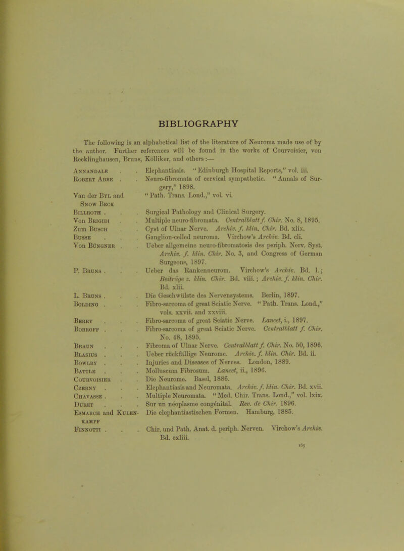 Tlie following is an alphabctiail list of the literature of Neuroma made use of by the author. Further references will he found in the works of Courvoisier, von Reclilinghausen, Brans, Kolliker, and others:— Annandai.e Elephantiasis.  Minburgh Hospital Reports, vol. iii. Robert Abbe Neuro-fibromata of cervical sympathetic. Annals of Sur- gery, 1898.  Path. Tran.<!. Lend., vol. vi. Van der Byl and Snow Heck Billroth . Von Brioidi Zum Buscii BUBSE Von BOnoner 1*. Bruns L. Bruns . BOLDINO . Berry BODROFF . Braun Blasius Bowi.BV Battle Courvoisier CZBRNY Cuavasse . Ddret EsMARcu and Kulen kampf FiNNOTTI . Surgical Pathology and Clinical Surgery. Multiple neuro-fibromata. CentralMatt f. Cliir. No. 8, 1895. Cyst of Ulnar Nerve. Archie./, /din. Chii: Bd. xli.x. Ganglion-celled neuroma. Virchow's Archiv. Bd. cli. Ueber allgemcine neuro-fibromatosis des jwriph. Nei-v. Syst. Arrhiv. f. }din. Cliir. No. 3, and Congress of German Surgeons, 1897. Uelier dsus Rankenneuroni. Virchow's Archie. Bd. 1.; Beiinifjc'. bliiu Chir. Bd. viii. ; Archiv. f. klin. Chir. m. xlii. Die Ge.schwiilste des Nervensystems. Fibro-sarcoma of great Sciatic Nerve. vols, xxvii. and xxviii. Fibro-sarcoma of great Sciatic Nerve. Fibro-sarcoma of great Sciatic Nerve, No. 48, 1895. Fibroma of Ulnar Nerve. Cetiiralhlcdt f. Chir. No. 50, 1896. Ueber riickfiillige Neurome. Archiv. f. klin. Chir. Bd. ii. Injuries and Diseases of Nerves. London, 1889. Molluscuin Fibrosum. Lancef, ii., 1896. Die Neurome. Basel, 1886. Elephantiasis and Neuromata. Arrhiv. f. klin. Chir. Bd Multiple Neuromata. Med. Chir. Trans. Lond., vol, Sur un ndoplasme congenital. Rev. de Chir. 1896. Die elephantiastischen Formen. Hamburg, 1885. Berlin, 1897.  Path. Trans. Lend., Lancet^ i., 1897. Centralhlaft f. Chir. xvu. Ixix. Chir. und Path. Anat. d. periph. Nerven. Bd. cxliii. Virchow's Archiv.