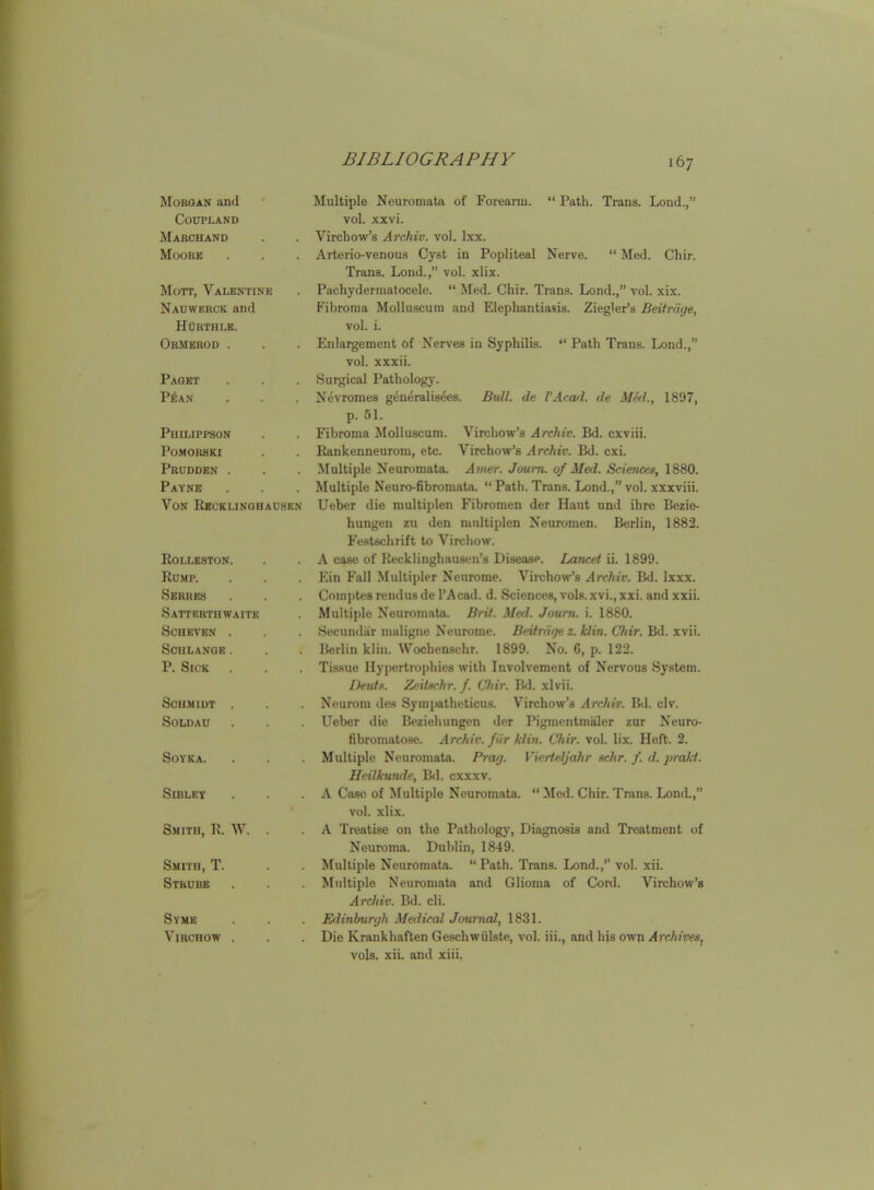 MoKQAN and coupland Marchand Moore MoTT, Valentine Nauwerck and HOrthlb. Ormerod . Paget Pi;AN P111LIPP8ON P0MOR8K1 Prudden . Payne Von Recklinqhausen rollkston. Rump. Serres Satterthwaitk Scheven . schlange. P. Sick Schmidt SOLDAU SOYKA. Sibley Smith, R. AV. Smiiii, T. Strube SVMK ViRCHOW . Multiple Neuromata of Forearm.  Path. Trans. Lend., vol. xxvi. Virchow's Archiv. vol. Ixx. Arterio-venoua Cyst in Popliteal Nerve.  Med. Chir. Trans. Lond., vol. xlix. Pachydermatocele.  Med. Chir. Trans. Lond., vol. xix. Fibroma Molluscum and Elephantiasis. Ziegler's Beitriige, vol. i. Enlargement of Nerves in Syphilis.  Path Trans. Lond., vol. xxxii. Surgical Pathology. Nevromes gen(5ralis^es. Bull, de l'Aca/1. de Med., 1897, p. 51. Fibroma Molluscum. Virchow's Archiv. Bd. cxviii. Rankenneurom, etc. Virchow's Archiv. Bd. cxi. Multiple Neun)mata. Amer. Joum. of Med. Sciences, 1880. Multiple Neuro-fibromata.  Path. Trans. Lond., vol. xxxviii. Ueber die multii)len Fibromen der Haut und ihre Bezie- hungen zu den niultiplen Neuromen. Berlin, 1882. Festschrift to Virchow. A case of Recklinghausen's Disease. Lancet ii. 1899. F^in Full Multipler Neurome. Virchow's Archiv. Bd. Ixxx. Coinptes rendus de I'Acad. d. Sciences, vols, xvi., xxi. and xxii. Multiple Neuromata. Brit. Med. Joum. i. 1880. Secundiir mulignu Neuronic. Beitr/ige z. klin. Cliir. Bd. xvii. Berlin klin. VVochenschr. 1899. No. 6, p. 122. Tissue Hypertrophies with Involvement of Nervous System. Deut:'. Z^its,-hr. /. Chir. Bd. xlvii. Nourom des Sympatheticus. Virchow's Archiv. Bd. civ. Ueber die Beziehungen der Pigmcntmaler zur Neuro- fibroinatose. Archiv. fiir klin. Chir. vol. lix. Heft. 2. Multiple Neuromata. Prag. Vierfeljahr sclir. /. d. prakt. Heilkuruh; Bd. cxxxv. A Case of Multiple Neuromata.  Med. Chir. Trans. Lond., vol. xli.\. A Treatise on the Pathology, Diagnosis and Treatment of Neuroma. Dublin, 1849. Multiple Neuromata. Path. Trans. Lond., vol. xii. Multiple Neuromata and Glioma of Cord. Virchow's Archiv. Bd. cli. Edinburgh Medical JournaJ, 1831. Die Krankhaften Geschwiilste, vol. iii., and his own Archives^ vols. xii. and xiii.