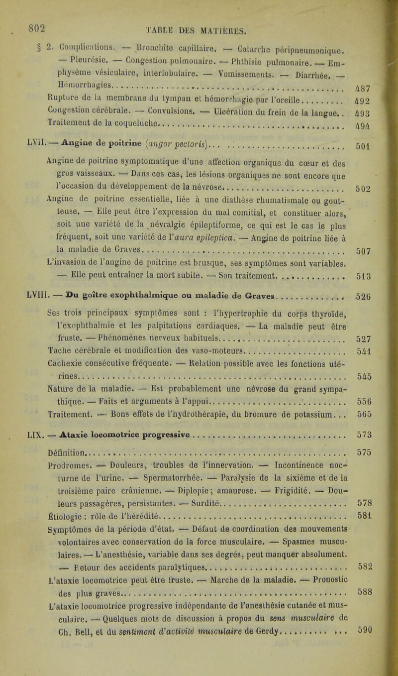 ^ 2i (jOiiiplictUioiis. Bronchite capillaire. — CalaiTlic poriprieumoniqiiCt — Pleurusie, — Congestion pulmonaire. — Phlhisie pulmonaire. Em- phys6ine v6siculaire, inlerlobulaire. — Vomissements. — Diarrli6e. — Hoinorrhagies Rupture do la membrane du lympan el hdmon-hagie par I’oreille A92 Congestion cerebrale. — Convulsions. — Ulceration du frein de la langue.. A93 Traitement de la coqueluche LVII. — Angine de poitrine {angor pectoris) 501 Angine de poitrine symptomalique d’une affection organique du coeur et des gros vaisseaux. — Dans ces cas, les lesions organiques ne sont encore que I’occasion du developpement de la nevrose 502 Angine de poitrine essentielle, liee a une dialhese rhumatismale ou gout- teuse. — Elle peut etre I’expression du mal comitial, et constituer alors,' soit une variete de la nevralgie epileptiforme, ce qui est le cas ie plus frequent, soit une variete de Vaura epHeplica. — Angine de poitrine liee a la maladie de Graves 507 L’invasion de I’angine de poitrine est brusque, ses symptomes sont variables. — Elle peut entrainer la mort subite. — Son traitement 513 LVlIl. — 2>u goitre exophthalmique ou maladie de Graves 626 Ses trois principaux sympldmes sont : I’liypertrophie du corps thyroide, rexophthalmie et les palpitations cardiaques. — La maladie peut 6tre fruste. — Phenomenes nerveux babiluels 527 Tache cerebrale et modification des vaso-moteurs 5A1 Cachexie consecutive frequente. — Relation possible avec les fonctions ute- rines 5A5 Nature de la maladie. — Est probablement une n6vrose du grand sympa- thique. — Faits et arguments a I’appui.. ' 556 Traitement. — Rons effets de I’hydrotherapie, du bromure de potassium... 565 LIX. — Ataxie looomotrice progressive 573 Definition.... 575 Prodromes. — Douleurs, troubles de I’innervation. — Incontinence noc- turne de I'urine. — Spermatorrhee. — Paralysie de la sixieme et de la troisieme paire cranienne. — Diplopie; amaurose. —• Frigidite. — Dou- leurs passag^res, persistantes. — Surdite 578 filiologie : role de I’heredite 581 Symptomes de la periode d’etat. — Defaut de coordination des mouvements volontaires avec conservation de la force musculaire. — Spasmes muscu- laires. — L’anestliesie, variable dans ses degres, peut manquer absolument. — Eelour des accidents paralytiques. 582 L’ataxie locomolrice peut etre fruste. — Marche de la maladie. — Pronostic des plus graves 588 L’ataxie locomolrice progressive independante de I’aneslhdsie cutan^e et nius- culaire. — Quelques mots de discussion a propos du sens musculaire de Ch. Bell, el du sentiment d’activite musculaire de Gerdy ... 590