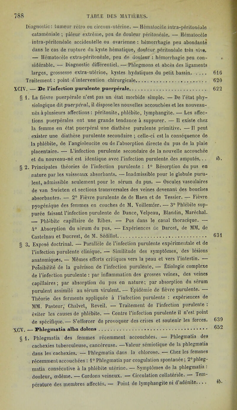 Diagnostic: tumour retro ou circum-ulerine. —II6maloccle intra-p6ritoneale catameniale ; paleur extreme, pen de douleur peritoncaie. — Hematocele intra-peritoneale accidentelle ou ovarienne : hemorrhagie peu abondante dans le cas de rupture du kyste hematique, douleur p6ritoneale tr£s vive. — Hematocele extra-peritoneale, peu de douleur : hemorrhagie peu con- siderable. — Diagnostic differenliel. — Phlegmons et abces des ligaments larges, grossesse extra-uterine, kystes hydatiques du petit bassin Traitement : point d’intervenlion chirurgicale XCIV. — De l’infection purulente puerperale § 1. La fievre puerperale n’est pas un etat morbide simple. — De l’etat phy- siologique dit puerperal, il dispose les nouvelles accouchees et les nouveau- nes a plusieurs affections: peritonite, phlebite, lymphangite. — Les affec- tions puerperales ont une grande tendance a suppurer. — II existe chez la femme en etat puerperal une diathese purulente primitive. — II peut exister une diathese purulente secondaire ; celle-ci est la consequence de la phlebite, de l’angioleucite ou de l’absorption directe du pus de la plaie placentaire. — L’infection purulente secondaire de la nouvelle accouchee et du nouveau-ne est identique avec l’infection purulente des amputes... § 2. Principales theories de l’infection purulente : 1° Resorption du pus en nature par les vaisseaux absorbants. — Inadmissible pour le globule puru- lent, admissible seulement pour le serum du pus. — Oscules vasculaires de van Swieten et sections transversales des veines devenant des bouches absorbantes. — 2° Fievre purulente de de Haen et de Tessier. — Fievre pyogenique des femmes en couches de M. Yoillemier. — 3° Phlebite sup- puree faisant l’infection purulente de Dance, Velpeau, Blandin, Marechal. Phlebite capillaire de Ribes. — Pus dans le canal thoracique. — 4° Absorption du serum du pus. — Experiences de Darcet, de MM. de Castelnau et Ducrest, de M. Sedillot § 3. Expose doctrinal. — Parallele de l’infection purulente experimeutale et de l’infection purulente clinique. — Similitude des symptdmes, des lesions anatomiques. — Memes efforts critiques vers la peau et vers l’intestin. — Possibilite de la gudrison de l’infection purulente. — Etiologie complexe de l’infection purulente : par inflammation des grosses veines, des veines capillaires; par absorption du pus en nature; par absorption du serum purulent assimile au serum virulent. — Epidemie de fievre purulente. — Thdorie des ferments appliquee a l’infection purulente : experiences de MM. Pasteur, Chalvet, Reveil. — Traitement de l’infection purulente : eviter les causes de phlebite. — Contre l’infection purulente il n’est point de specifique.— S’efforcer de provoquer des crises et soutenir les forces. xcv. — Phlegmatia alba dolens § 1. Phlegmatia des femmes recemment accouchees. — Phlegmatia des cachexies tuberculeuse, cancereuse. —Yaleur semiotique de la phlegmatia dans les cachexies. — Phlegmatia dans la chlorose. — Chez les femmes recemment accouchees: 1° Phlegmatia par coagulation spontanee; 2° phleg- matia consecutive a la phlebite uterine. — Symptomes de la phlegmatia . douleur, cedeme. — Cordons veineux. —Circulation collateral.— Tem- perature des membres affectes. — Point de lymphangite ni d’adenite 61G 620 622 ib. 631 639 652 ib.