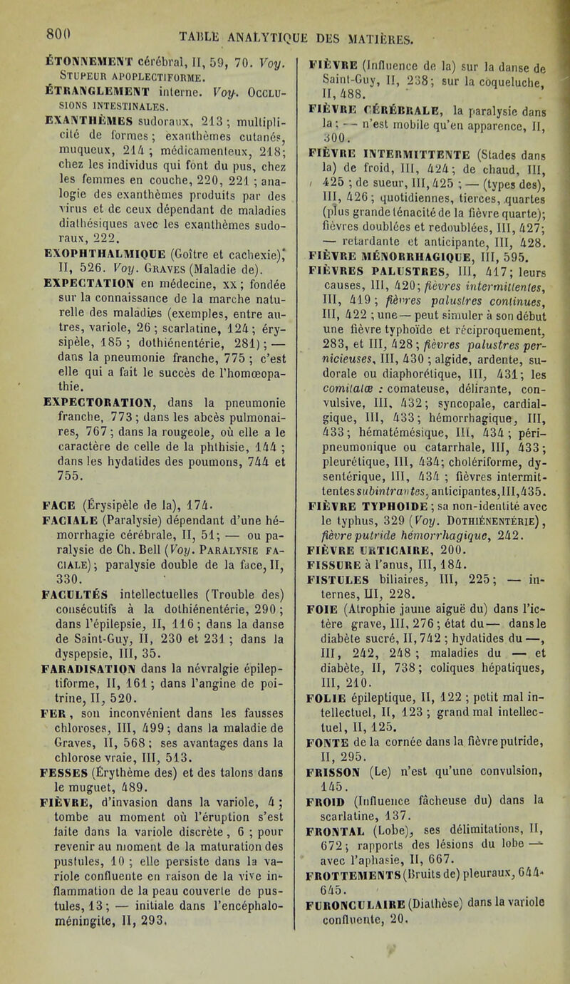 fiTONNEMENT cerebral, II, 59, 70. Voy. Stupeur apoplectiforme. Etrynglement interne. Voy-. Occlu- sions INTEST1NALES. EXANTHEMES sudoraux, 213 ; multipli- cile de formes; exanthemes cutanes, muqueux, 21A ; medicamenteux, 218; chez les individus qui font du pus, chez les femmes en couche, 220, 221 ; ana- logic des exanthemes produits par des virus et de ceux dependant de maladies dialhesiques avec les exanthemes sudo- raux, 222. EXOPHTHALMIQUE (Goitre et cachexie)* II, 526. Voy. Graves (Maladie de). EXPECTATION en medecine, xx; fondee sur la connaissance de la marche nalu- relle des maladies (exemples, entre au- tres, variole, 26; scarlatine, 124; ery- sipele, 185 ; dothienenterie, 281); — dans la pneumonie Tranche, 775 ; e’est elle qui a fait le succes de l’homoeopa- thie. EXPECTORATION, dans la pneumonie franche, 773 ; dans les abces pulmonai- res, 767 ; dans la rougeole, ou elle a le caractere de celle de la phlhisie, 144 ; dans les hydalides des poumons, 744 et 755. FACE (Erysipele de la), 174. FACIALE (Paralysie) dependant d’une he- morrhagie cerebrale, II, 51; — ou pa- ralysie de Ch. Bell (Voy. Paralysie fa- ciale); paralysie double de la face, II, 330. FACULTES intellectuelles (Trouble des) consecutifs a la dothienenterie, 290 ; dans l’epilepsie, II, 116; dans la danse de Saint-Guy, II, 230 et 231 ; dans la dyspepsie, III, 35. FARADISATION dans la nevralgie epilep- tiforme, II, 161; dans l’angine de poi- trine, II, 520. FER, son inconvenient dans les fausses chloroses, III, 499; dans la maladie de Graves, II, 568 ; ses avantages dans la chlorose vraie, III, 513. FESSES (Erylheme des) et des talons dans le muguet, 489. FIEVRE, d’invasion dans la variole, 4; tombe au moment ou l’eruption s’est laite dans la variole discrete, 6 ; pour revenir au moment de la maturation des pustules, 10 ; elle persiste dans la va- riole confluente en raison de la vive in- flammation de la peau couverle de pus- tules, 13; — initiale dans l’encephalo- meningite, II, 293, FltlVRE (Influence de la) sur la danse de Saint-Guy, II, 238; sur la coqueluche, II, 488. FlfcVRE cfcRERRALE, la paralysie dans la; — n’est mobile qu’en apparencc, II, .500. FliiVRE INTERMITTENTE (Stades dans la) de froid, III, 424; de chaud. III, ' -125 ; de sueur, 111, 425 ; — (types des), III, 426; quotidiennes, tierces, quartes (plus grande tenacitede la fievre quarte); fievres doublces et redoubles, III, 427; — retardante et anticipate, III, 428. FIEVRE MENORRIIAG1QUE, III, 595. FIEVRES PALUSTRES, III, 417; leurs causes, III, 420; fievres inter millenles, III, 419 ; fievres paluslres continues, III, 422 ; une— peut simuler a son debut une fievre typhoide et reciproquement, 283, et III, 428; fievres palustres per- nicieuses, III, 430 ; algide, ardente, su- dorale ou diaphonHique, III, 431; les comilalce : comateuse, delirante, con- vulsive, III. 432; syncopale, cardial- gique, III, 433; hemorrhagique, III, 433; hematemesique, lit, 434 ; peri- pneumonique ou catarrhale, III, 433; pleuretique, III, 434; cholAriforme, dy- senterique, III, 434 ; fievres intermit- tentes subintrav tes. anticipates,III,435. FIEVRE TYPHOIDE ; sa non-identite avec le typhus, 329 (Voy. Dothienenterie), fievre putride hemorrhagique, 242. FIEVRE L'KTICAIRE, 200. FISSURE a l’anus, III, 184. FISTULES biliaires. III, 225; — in- ternes, III, 228. FOIE (Atrophie jaune aigue du) dans l’ic- tere grave, III, 276 ; etat du— dansle diabele sucre, II, 742 ; hydatides du —, III, 242, 248 ; maladies du — et diabete, II, 738; coliques hepatiques, III, 210. FOLIE epileptique, II, 122 ; petit mal in- tellectuel, II, 123; grand mal intellec- tuel, II, 125. FONTE dela cornee dans la fiAvre putride, II, 295. FRISSON (Le) n’est qu’une convulsion, 145. FROID (Influence facheuse du) dans la scarlatine, 137. FRONTAL (Lobe), ses delimitations, II, 672; rapports des lesions du lobe— avec l’aphasie, II, 667. FROTTEMENTS (Bruits de) pleuraux, 644- 645. FURONCULAIRE (Diathese) dans la variole confluente, 20.