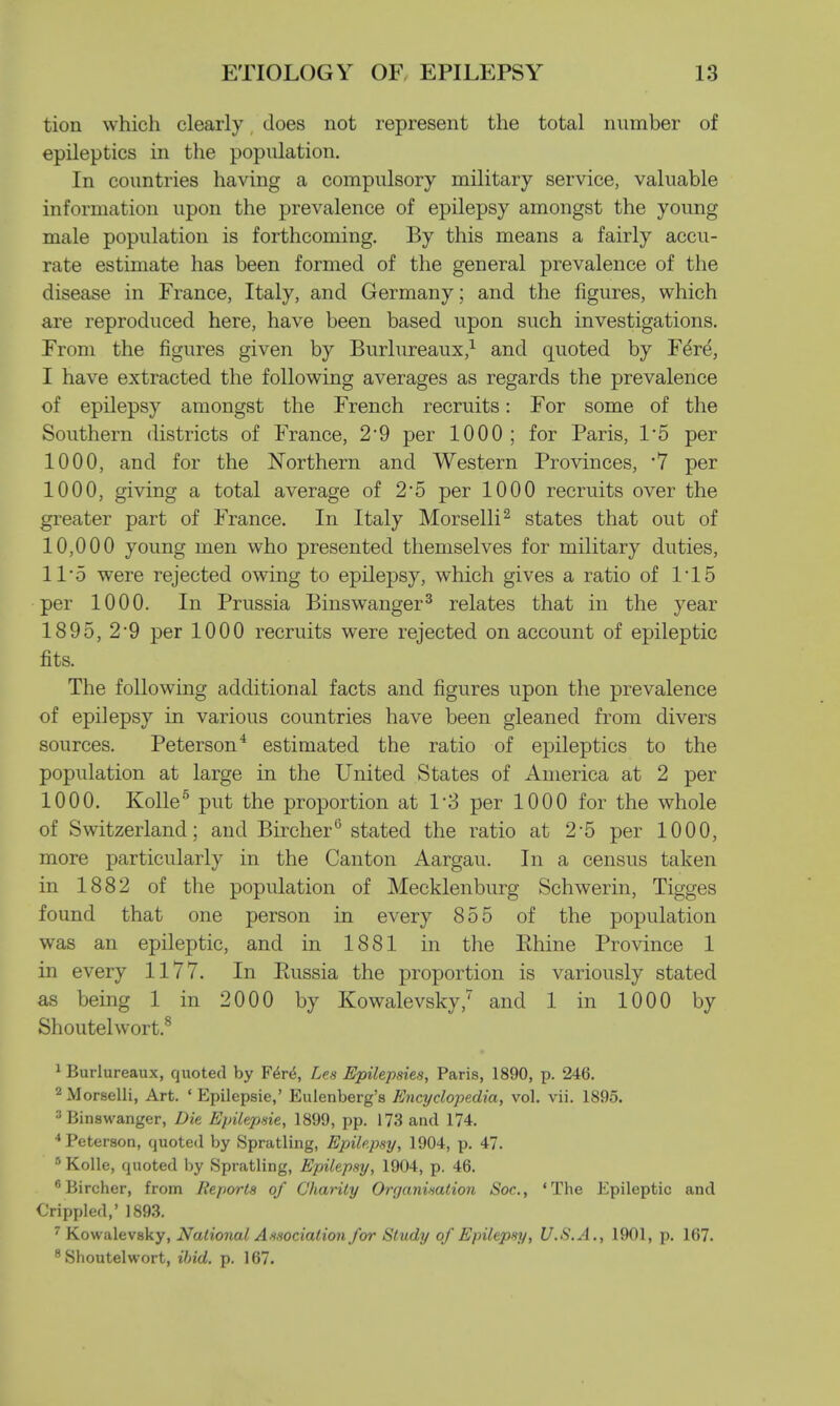 tion which clearly does not represent the total number of epileptics in the population. In countries having a compulsory military service, valuable information upon the prevalence of epilepsy amongst the young male population is forthcoming. By this means a fairly accu- rate estimate has been formed of the general prevalence of the disease in France, Italy, and Germany; and the figures, which are reproduced here, have been based upon such investigations. From the figures given by Burlureaux,1 and quoted by Fere, I have extracted the following averages as regards the prevalence of epilepsy amongst the French recruits: For some of the Southern districts of France, 2'9 per 1000; for Paris, 1*5 per 1000, and for the Northern and Western Provinces, *7 per 1000, giving a total average of 2*5 per 1000 recruits over the greater part of France. In Italy Morselli2 states that out of 10,000 young men who presented themselves for military duties, 11*5 were rejected owing to epilepsy, which gives a ratio of 1*15 per 1000. In Prussia Binswanger3 relates that in the year 1895, 2*9 per 1000 recruits were rejected on account of epileptic fits. The following additional facts and figures upon the prevalence of epilepsy in various countries have been gleaned from divers sources. Peterson4 estimated the ratio of epileptics to the population at large in the United States of America at 2 per 1000. Kolle6 put the proportion at 1*3 per 1000 for the whole of Switzerland; and Bircher0 stated the ratio at 2-5 per 1000, more particularly in the Canton Aargau. In a census taken in 1882 of the population of Mecklenburg Schwerin, Tigges found that one person in every 855 of the population was an epileptic, and in 1881 in the Rhine Province 1 in every 1177. In Russia the proportion is variously stated as being 1 in 2000 by Kowalevsky,7 and 1 in 1000 by Shoutelwort.8 1 Burlureaux, quoted by Fe>e\ Leu Epilepsies, Paris, 1890, p. 246. 2 Morselli, Art. ' Epilcpsie,' Eulenberg's Encyclopedia, vol. vii. 1895. 3 Binswanger, Die Epilepsie, 1899, pp. 173 and 174. 4Peterson, quoted by Spratling, Epilepsy, 1904, p. 47. 8 Kolle, quoted by .Spratling, Epilepsy, 1904, p. 46. 'Bircher, from Reports of Charity Organisation Soc, 'The Epileptic and Crippled,' 1893. 7 Kowalevsky, National Association for Study of Epilepsy, U.S.A., 1901, p. 167. 8 Shoutelwort, ihid. p. 167.