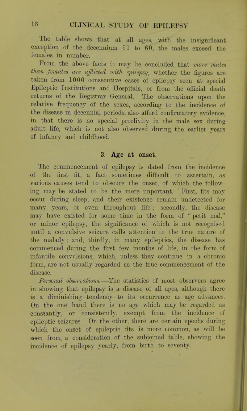 The table shows that at all ages, with the insignificant exception of the decennium 51 to 60, the males exceed the females in number. From the above facts it may be concluded that more males than females are afflicted ivith epilepsy, whether the figures are taken from 1000 consecutive cases of epilepsy seen at special Epileptic Institutions and Hospitals, or from the official death returns of the Eegistrar General. The observations upon the relative frequency of the sexes, according to the incidence of the disease in decennial periods, also afford confirmatory evidence, in . that there is no special proclivity in the male sex during adult life, which is not also observed during the earlier years of infancy and childhood. 3. Age at onset. The commencement of epilepsy is dated from the incidence of the first fit, a fact sometimes difficult to ascertain, as various causes tend to obscure the onset, of which the follow- ing may be stated to be the more important. ' First, fits may occur during sleep, and their existence remain undetected for many years, or even throughout life; secondly, the disease may have existed for some time in the form of  petit mal, or minor epilepsy, the significance of which is not recognised until a convulsive seizure calls attention to the true nature of the malady; and, thirdly, in many epileptics, the disease has commenced during the first few months of life, in the form of infantile convulsions, which, unless they continue in a chronic form, are not usually regarded as the true commencement of the disease. Personal observations.—The statistics of most observers agree in showing that epilepsy is a disease of all ages, although there is a diminishing tendency to its occurrence as age advances. On the one hand there is no age which may be regarded as constantly, or consistently, exempt from the incidence of epileptic seizures. On the other, there are certain epochs during which the onset of epileptic fits is more common, as will be seen from, a consideration of the subjoined table, showing the incidence of epilepsy yearly, from birth to seventy.