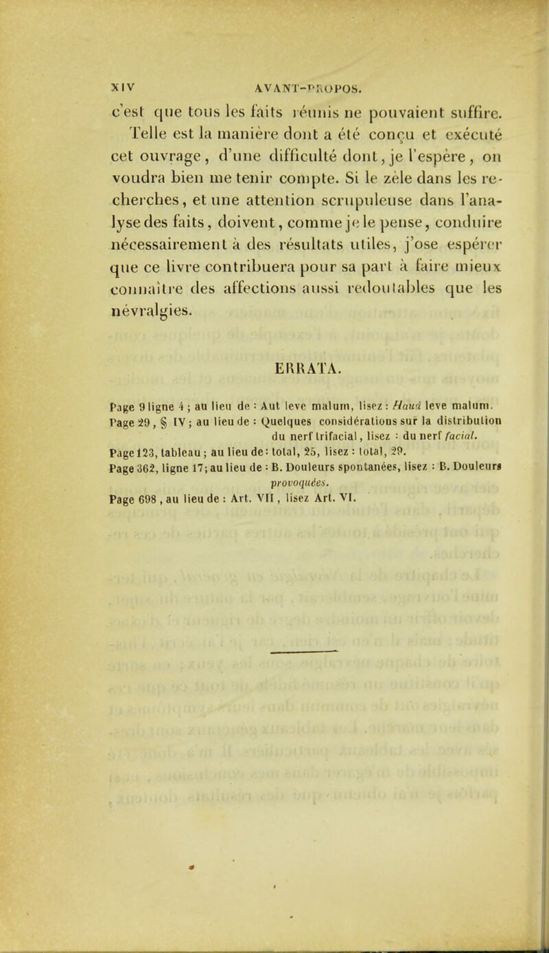 cest que tons les faits minis ne pouvaient snffire. Telle est la maniere dont a ete concu et execute cet ouvrage , d'une difficult^ dont, je 1'espere , on voudra bien me tenir coinpte. Si le zele dans les re- cherches, et une attention scrupuleuse dans 1'ana- lysedes faits, doivent, comme jele pense, conduire neeessairement a des resultats utiles, j'ose esperer que ce livre contribuera pour sa part a faire mieux eonnaitre des affections aussi redoutables que les nevralgies. ERRATA. Page 9 ligne 4 ; au lieu de Aut leve malum, lisez : Haud leve malum. Page 29, § IV; au lieu de : Quclques considerations sur la distribution du nerf trifacial, lisez : du nerf facial. Page 123, tableau; au lieu de: total, 25, lisez : total, 29. Page 362, ligne 17; au lieu de : B. Douleurs spontanees, lisez : B. Douleurg provoquies- Page 698 , au lieu de : Art. VII, lisez Art. VI.