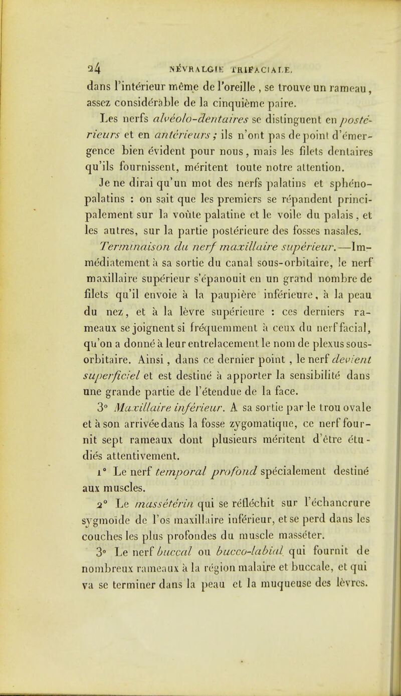 dans l'interieur meme de l'oreille , se trouve un rameau, assez considerable de la cinquieme paire. Les nerfs alveolo-dentaires se distinguent en postc- rieurs et en dntdrieurs; ils n'ont pas de point d'emer- gence bien evident pour nous, ifaais les filets dcntaires qu'ils fournissent, meritent toute notre attention. Je ne dirai qu'un mot des nerfs palatins et spheno- palatins : on sait que les premiers se repandent princi- palement sur la voute palatine et le voile du palais , et les autres, sur la partie posterieure des fosses nasales. Termihaisoh da nerf maxillaire supefieur.—1m- mediatement a sa sortie du canal sous-orbitaire, !e nerf maxillaire superieur s'epanouit en un grand nombre de filets qu'il envoie a la paupiere inferieure, a la peau du nez, et a la levre superieure : ces derniers ra- meaux sejoignentsi frequemment a ceux du nerf facial, qu'on a donne a leur entrelacement le nom de plexus sous- orbitaire. Ainsi, dans ce dernier point , le nerf devient superftciel et est destine a apporter la sensibilite dans une grande partie de l'etendue de la face. 3° Maxillaire inferieur. A sa sortie par le trou ovale eta son arriveedans la fosse zygomatique, ce nerf four- nit sept rameaux dont plusieurs meritent d'etre etu- dies attentivement. i° Le nerf temporal pro fond specialement destine aux muscles. 2° Le masseteriti qui se reflecbit sur l'echancrure sygmoide de l'os maxillaire inferieur, etse perd dans les couches les plus profondes du muscle masscter. 3° Le nerf buccal ou bucco-labitd qui fournit de nombreux rameaux k la region malaire et buccale, et qui va se terminer dans la peau et la muqueuse des levrcs.