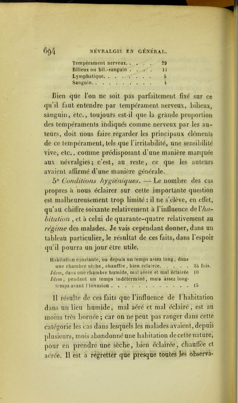 Temperament nerveux. . . .29 Bilieux on bil.-sanguin .... II Lymphatique 5 Sanguin 4 Bien que Ton ne soit pas parfaitement fixe sur ce qu'il fatit entendre par temperament nerveux, bilieux, sanguin, etc., toujours est-il que la grandc proporlion des temperaments indiques comme nerveux par les au- teurs, doit nous faire regarder les principaux elements de ce temperament, tels que l'irritabilite, une sensibilitc vive, etc., comme predisposant d'une maniere marquee aux nevralgies; c'est, au reste, ce que les auleurs avaient affirme d'une maniere generale. 5° Conditions hygieniques. — Le nombre des cas propres a nous eclairer sur cette importante question est malheureusement trop limite : il ne s'eleve, en effet, qu'au chiffre soixante relativement a l'influence AzYha- bitation , et a celui de quarante-quatre relativement au regime des malades. Je vais cependant donner, dans un tableau particulier, le resultat de ces faits, dans l'espoir qu'il pourra un jour etre utile. Habitation conslante, ou depuis un lemps assez long, dans une chambre seche, chauffee, bien eclairee 35 fois. Idem, dans une chambre humide, mal aeree et thai eclairee 10 Idem, pendant un lemps indetermine, mais assez long- temps avant linvasion . , 15 11 resulte de ces faits que l'influence de I habitalion dans un lieu humide, mal aere et mal eclaire, est au moins tres bornee; car on nepeut pas ranger dans cette categorie les cas dans lesquels les malades avaient, depuis plusieurSj mois abandonneune habitation dccette nature, pour en prendre une seche, bien eclairee, chauffee et aeree. 11 est a regretter que presque toutes les observa-