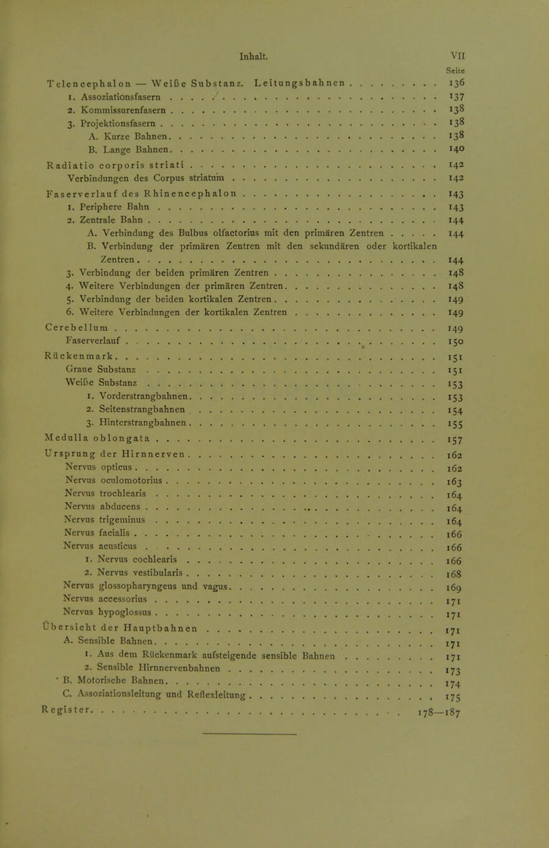 Seite Telencephalon — Weilie Substanz. Leitungsbahnen 136 1. Assoziationsfasern ^37 2. Kommissurenfasern 13^ 3. Projektionsfasem • • 138 A. Kurze Bahnen 138 B. Lange Bahnen 140 Radiatio corporis striati 142 Verbindungen des Corpus striatum 142 Faserverlauf des Rhinencephalon 143 1. Periphere Bahn 143 2. Zentrale Bahn 144 A. Verbindung des Bulbus olfactorius mit den primaren Zentren 144 B. Verbindung der primaren Zentren mit den sekundaren oder kortikalen Zentren 144 3. Verbindung der beiden primaren Zentren 148 4. Weitere Verbindungen der primaren Zentren 148 5. Verbindung der beiden kortikalen Zentren 149 6. Weitere Verbindungen der kortikalen Zentren 149 Cerebellum 149 Faserverlauf iCO * Riickenmark 151 Grane Substanz 151 WeiCe Substanz 153 1. Vorderstrangbahnen 153 2. Seitenstrangbahnen 154 3. Hinterstrangbahnen 155 Medulla oblongata 157 Ursprung der Hirnnerven 162 Nervus opticus 162 NervHS oculomotorius 163 Nervus trochlearis 164 Nervus abducens 164 Nervus trigeminus 164 Nervus facialis 166 Nervus acusticus . 166 1. Nervus cochlearis 166 2. Nervus vestibularis 168 Nervus glossopharyngeus und vagus 169 Nervus accessorius 171 Nervus hypoglossus 171 Ubersicht der Hauptbahnen 171 A. Sensible Bahnen 171 1. Aus dem Riickenmark aufsteigende sensible Bahnen 171 2. Sensible Ilirnnervenbahnen 173 ' B. Motorische Bahnen 17^ C. Assoziationsleitung und Reflexleitung , 175 Register 178—187