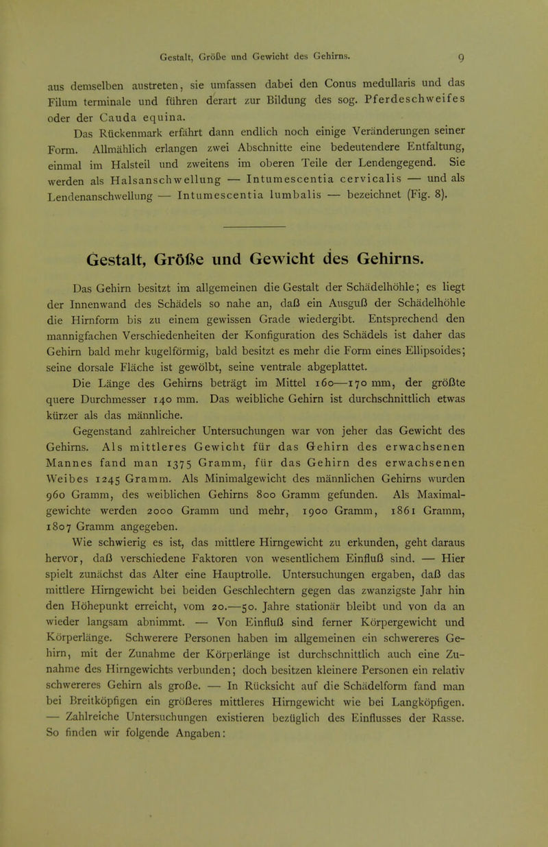 aus demselben austreten, sie umfassen dabei den Conus medullaris und das Filum terminale und fuhren derart zur Bildung des sog. Pferdeschweifes oder der Cauda equina. Das Ruckenmark erfiihrt dann endlich noch einige Veranderungen seiner Form. AUmahlich erlangen zwei Abschnitte eine bedeutendere Entfaltung, einmal im Halsteil und zweitens im oberen Teile der Lendengegend. Sie werden als Halsanschwellung — Intumescentia cervicalis — und als Lendenanschwellung — Intumescentia lumbalis — bezeichnet (Fig. 8). Gestalt, Gr5fie und Gewicht des Gehirns. Das Gehirn besitzt im allgemeinen die Gestalt der Schadelhohle; es liegt der Innenwand des Schadels so nahe an, daB ein AusguB der Schadelhohle die Hirnform bis zu einem gewissen Grade wiedergibt. Entsprechend den mannigfachen Verschiedenheiten der Konfiguration des Schadels ist daher das Gehirn bald mehr kugelformig, bald besitzt es mehr die Form eines Ellipsoides; seine dorsale Flache ist gewolbt, seine ventrale abgeplattet. Die Lange des Gehirns betragt im Mittel i6o—170 mm, der grofite quere Durchmesser 140 mm. Das weibliche Gehirn ist durchschnittlich etwas kiirzer als das mannliche. Gegenstand zahlreicher Untersuchungen war von jeher das Gewicht des Gehirns. Als mittleres Gewicht fiir das Gehirn des erwachsenen Mannes fand man 1375 Gramm, ftir das Gehirn des erwachsenen Weibes 1245 Gramm. Als Minimalgewicht des mannlichen Gehirns wurden 960 Gramm, des weiblichen Gehirns 800 Gramm gefunden. Als Maximal- gewichte werden 2000 Gramm und mehr, 1900 Gramm, 1861 Gramm, 1807 Gramm angegeben. Wie schwierig es ist, das mittlere Hirngewicht zu erkunden, geht daraus hervor, daB verschiedene Faktoren von wesentlichem EinfluB sind. — Hier spielt zuniichst das Alter eine HauptroUe. Untersuchungen ergaben, daB das mittlere Hirngewicht bei beiden Geschlechtern gegen das zwanzigste Jahr hin den Hohepunkt erreicht, vom 20.—50. Jahre stationar bleibt und von da an wieder langsam abnimmt. — Von EinfluB sind ferner Korpergewicht und Korperlange. Schwerere Personen haben im allgemeinen ein schwereres Ge- hirn, mit der Zunahme der Korperlange ist durchschnittlich auch eine Zu- nahme des Hirngewichts verbunden; doch besitzen kleinere Personen ein relativ schwereres Gehirn als groBe. — In Riicksicht auf die Schiidelform fand man bei Breitkopfigen ein groBeres mittleres Hirngewicht wie bei Langkopfigen. — Zahlreiche Untersuchungen existieren bezUglich des Einflusses der Rasse. So finden wir folgende Angaben: