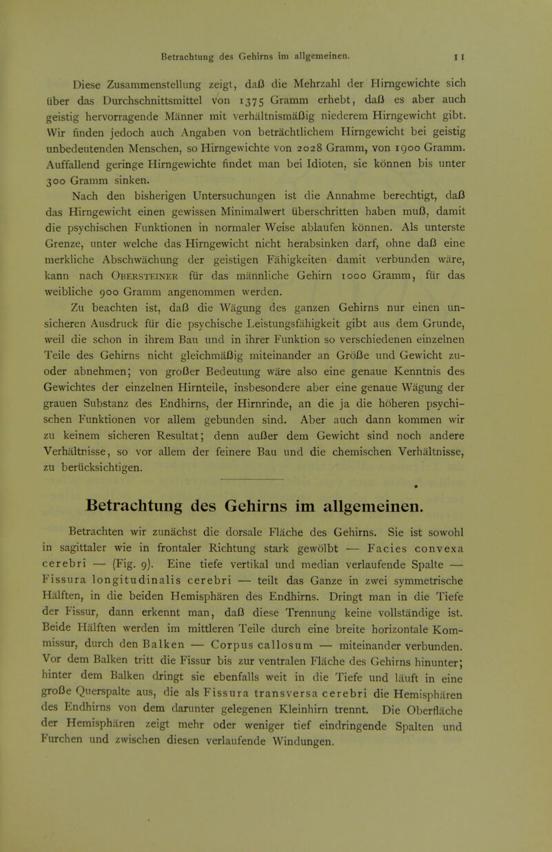 Diese Zusammenstellung zeigl, dafl die Mehrzahl der Hirngewichte sich iiber das Durchschnittsmittel von 1375 Gramm erhebt, dafi es aber auch geistig hervorragende Manner mit verhaltnismaOig niederem Hirngewicht gibt. Wir finden jedoch auch Angaben von betrachtlichem Hirngewicht bei geistig unbedeutenden Menschen, so Hirngewichte von 2028 Gramm, von igoo Gramm. Auffallend geringe Hirngewichte findet man bei Idioten, sie konnen bis unter 300 Gramm sinken. Nach den bisherigen Untersuchungen ist die Annahme berechtigt, dafJ das Hirngewicht einen gewissen Minimalwert iiberschritten haben muB, damit die psychischen Funktionen in normaler Weise ablaufen konnen. Als unterste Grenze, unter welche das Hirngewicht nicht herabsinken darf, ohne daB eine merkliche Abschwachung der geistigen Fiihigkeiten damit verbunden ware, kann nach Obersteiner fiir das miinnliche Gehirn 1000 Gramm, fur das weibliche 900 Gramm angenommen werden. Zu beachten ist, daO die Wagung des ganzen Gehirns nur einen un- sicheren Ausdruck fiir die psychische Leistungsfiihigkeit gibt aus dem Grunde, weil die schon in ihrem Bau und in ihrer Funktion so verschiedenen einzelnen Teile des Gehirns nicht gleichmaflig miteinander an Grofie und Gewicht zu- oder abnehmen; von groOer Bedeutung ware also eine genaue Kenntnis des Gewichtes der einzelnen Hirnteile, insbesondere aber eine genaue Wagung der grauen Substanz des Endhirns, der Hirnrinde, an die ja die hoheren psychi- schen Funktionen vor allem gebunden sind. Aber auch dann kommen wir zu keinem sicheren Resultat; denn auBer dem Gewicht sind noch andere Verhaltnisse, so vor allem der feinere Bau und die chemischen Verhaltnisse, zu beriicksichtigen. Betrachtung des Gehirns im allgemeinen. Betrachten wir zunachst die dorsale Flache des Gehirns. Sie ist sowohl in sagittaler wie in frontaler Richtung stark gewolbt — Facies convexa cerebri — (Fig. 9). Eine tiefe vertikal und median verlaufende Spalte — Fissura longitudinalis cerebri — teilt das Ganze in zwei symmetrische Halften, in die beiden Hemispharen des Endhirns. Dringt man in die Tiefe der Fissur, dann erkennt man, daB diese Trennung keine vollstandige ist. Beide Halften werden im mittleren Teile durch eine breite horizontal Kom- missur, durch den Balken — Corpus callosum — miteinander verbunden. Vor dem Balken tritt die Fissur bis zur ventralen Flache des Gehirns hinunter; hinter dem Balken dringt sie ebenfalls weit in die Tiefe und liiuft in eine groBe Querspalte aus, die als Fissura transversa cerebri die Hemispharen des Endhirns von dem darunter gelegenen Kleinhirn trennt. Die Oberflache der Hemispharen zeigt mehr oder weniger tief eindringende Spalten und Furchen und zwischen diesen verlaufende Windungen.