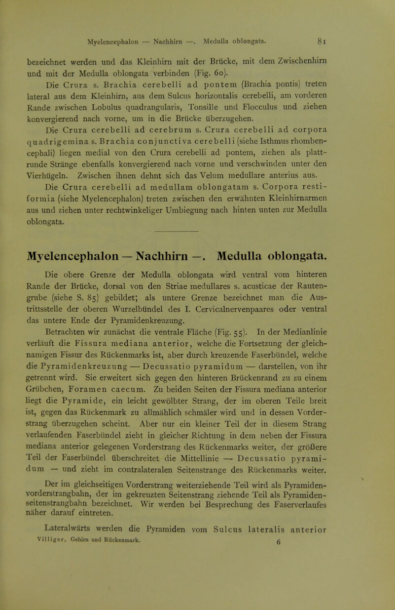 bezeichnet warden und das Kleinhirn mit der Brticke, mit dem Zwischenhira und mit der Medulla oblongata verbinden (Fig. 60). Die Crura s. Brachia cerebelli ad pontem (Brachia pontis) treten lateral aus dem Kleinhirn, aus dem Sulcus horizontalis cerebelli, am vorderen Rande zvvischen Lobulus quadrangularis, Tonsille und Flocculus und ziehen konvergierend nach vorne, urn in die Brticke iiberzugehen. Die Crura cerebelli ad cerebrum s. Crura cerebelli ad corpora quadrigemina s. Brachia conjunctiva cerebelli (siehe Isthmus rhomben- cephali) liegen medial von den Crura cerebelli ad pontem, ziehen als platt- runde Strange ebenfalls konvergierend nach vorne und verschwinden unter den Vierhiigeln. Zwischen ihnen dehnt sich das Velum medullare anterius aus. Die Crura cerebelli ad meduUam oblongatam s. Corpora resti- formia (siehe Myelencephalon) treten zwischen den erwahnten Kleinhirnarmen aus und ziehen unter rechtwinkeliger Umbiegung nach hinten unten zur Medulla oblongata. Myelencephalon — Nachhirn —. Medulla oblongata. Die obere Grenze der Medulla oblongata wird ventral vom hinteren Rande der Brticke, dorsal von den Striae medullares s. acusticae der Rauten- grube (siehe S. 85) gebildet; als untere Grenze bezeichnet man die Aus- trittsstelle der oberen Wurzelbtindel des 1. Cervicalnervenpaares oder ventral das untere Ende der Pyramidenkreuzung. Betracbten wir zunachst die ventrale Flache (Fig, 55), In der Medianlinie verlauft die Fissura mediana anterior, welche die Fortsetzung der gleich- namigen Fissur des Ruckenmarks ist, aber durch kreuzende Faserbiindel, welche die Pyramidenkreuzung — Decussatio pyramidum — darstellen, von ihr getrennt wird. Sie erweitert sich gegen den hinteren Briickenrand zu zu einem Grtibchen, Foramen caecum. Zu beiden Seiten der Fissura mediana anterior liegt die Pyramide, ein leicht gewolbter Strang, der im oberen Teile breit ist, gegen das Riickenmark zu allmahlich schmaler wird und in dessen Vorder- strang iiberzugehen scheint. Aber nur ein kleiner Teil der in diesem Strang verlaufenden Faserbiindel zieht in gleicher Richtung in dem neben der Fissura mediana anterior gelegenen Vorderstrang des Ruckenmarks weiter, der grofiere Teil der Faserbiindel tiberschreitet die Mittellinie — Decussatio pyrami- dum — und zieht im contralateralen Seitenstrange des Riickenmarks weiter. Der im gleichseitigen Vorderstrang weiterziehende Teil wird als Pyramiden- vorderslrangbahn, der im gekreuzten Seitenstrang ziehende Teil als Pyramiden- seitenstrangbahn bezeichnet. Wir werden bei Besprechung des Faserverlaufes naher darauf eintreten. Lateral warts werden die Pyramiden vom Sulcus lateralis anterior Villigcr, Gehirn und Riickenmark. A