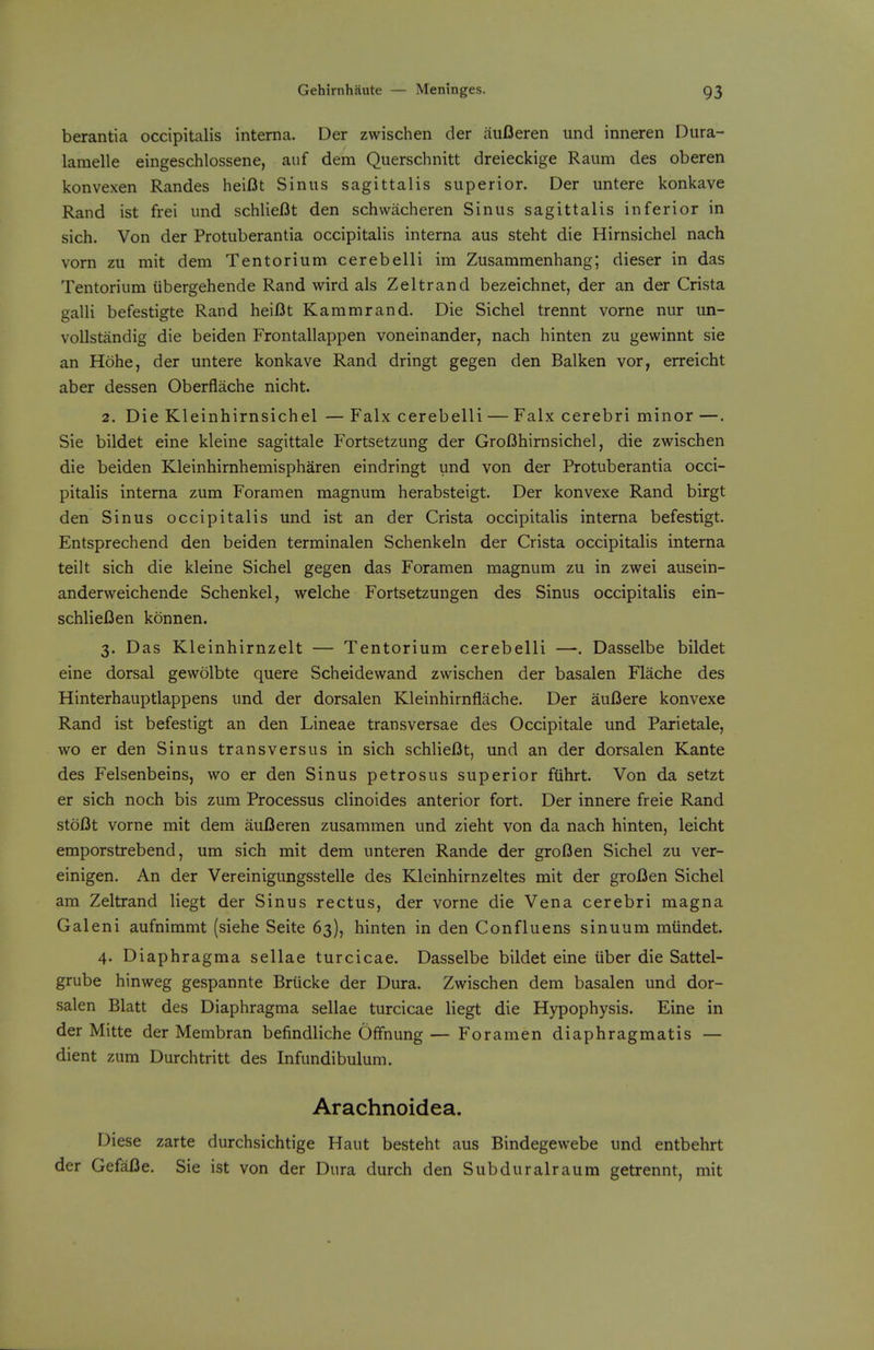 berantia occipitalis interna. Der zwischen der aufieren und inneren Dura- lamelle eingeschlossene, aiif dem Querschnitt dreieckige Raum des oberen konvexen Randes heiDt Sinus sagittalis superior. Der untere konkave Rand ist frei und schlief3t den schwacheren Sinus sagittalis inferior in sich. Von der Protuberantia occipitalis interna aus steht die Hirnsichel nach vorn zu mit dem Tentorium cerebelli im Zusammenhang; dieser in das Tentorium iibergehende Rand wird als Zeltrand bezeichnet, der an der Crista galli befestigte Rand heifit Kammrand. Die Sich el trennt vorne nur un- voUstandig die beiden Frontallappen voneinander, nach hinten zu gewinnt sie an Hohe, der untere konkave Rand dringt gegen den Balken vor, erreicht aber dessen Oberflache nicht. 2. DieKleinhirnsichel — Falx cerebelli — Falx cerebri minor —. Sie bildet eine kleine sagittale Fortsetzung der GroBhirnsichel, die zwischen die beiden Kleinhirnhemispharen eindringt und von der Protuberantia occi- pitalis interna zum Foramen magnum herabsteigt. Der konvexe Rand birgt den Sinus occipitalis und ist an der Crista occipitalis interna befestigt. Entsprechend den beiden terminalen Schenkeln der Crista occipitalis interna teilt sich die kleine Sichel gegen das Foramen magnum zu in zwei ausein- anderweichende Schenkel, welche Fortsetzungen des Sinus occipitalis ein- schlieCen konnen. 3. Das Kleinhirnzelt — Tentorium cerebelli —. Dasselbe bildet eine dorsal gewolbte quere Scheidewand zwischen der basalen Flache des Hinterhauptlappens und der dorsalen Kleinhirnflache. Der auBere konvexe Rand ist befestigt an den Lineae transversae des Occipitale und Parietale, wo er den Sinus transversus in sich schliefJt, und an der dorsalen Kante des Felsenbeins, wo er den Sinus petrosus superior ftihrt. Von da setzt er sich noch bis zum Processus clinoides anterior fort. Der innere freie Rand stoI3t vorne mit dem auBeren zusammen und zieht von da nach hinten, leicht emporstrebend, um sich mit dem unteren Rande der groBen Sichel zu ver- einigen. An der Vereinigungsstelle des Kleinhirnzeltes mit der groBen Sichel am Zeltrand liegt der Sinus rectus, der vorne die Vena cerebri magna Galeni aufnimmt (siehe Seite 63), hinten in den Confluens sinuum miindet. 4. Diaphragma sellae turcicae. Dasselbe bildet eine iiber die Sattel- grube hinweg gespannte Briicke der Dura. Zwischen dem basalen und dor- salen Blatt des Diaphragma sellae turcicae liegt die Hypophysis. Eine in der Mitte der Membran befindliche Offnung — Foramen diaphragmatis — dient zum Durchtritt des Infundibulum. Arachnoidea. Diese zarte durchsichtige Haut besteht aus Bindegewebe und entbehrt der GefaBe. Sie ist von der Dura durch den Subduralraum getrennt, mit