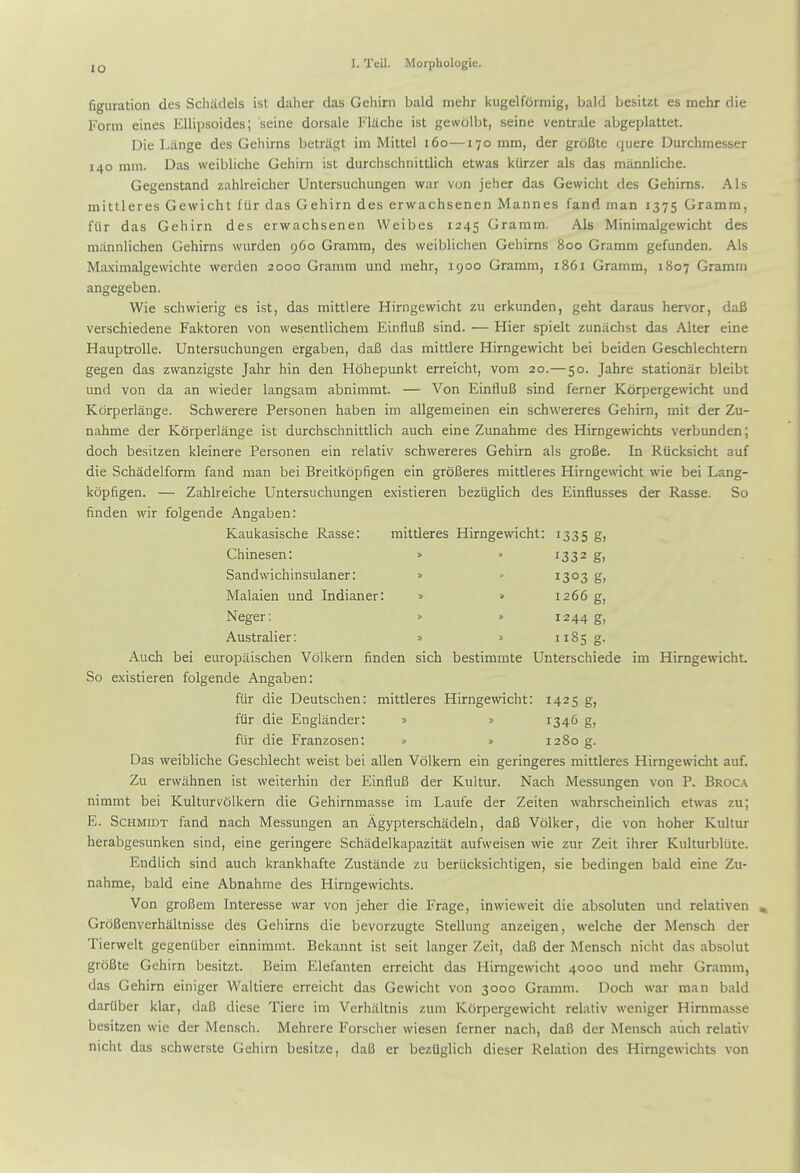 lO figuration des Schadels ist daher das Gehirn bald mehr kugelformig, bald besitzt es mehr die Form eines Ellipsoides; seine dorsale Flache ist gewolbt, seine ventrale abgeplattet. Die Lange des Gehirns betragt im Mittel 160—170 mm, der groBte quere Durchmesser 140 mm. Das weibliche Gehirn ist durchschnittlich etwas ktirzer als das mannlicbe. Gegenstand zahlreicher Untersiichungen war von jeher das Gewicht des Gehirns. Als mittleres Gewicht flir das Gehirn des erwachsenen Mannes fand man 1375 Gramm, fiir das Gehirn des erwachsenen Weibes 1245 Gramm. Als Minimalgewicht des mannlichen Gehirns wurden 960 Gramm, des weiblichen Gehirns 800 Gramm gefunden. Als Maximalgewichte werden 2000 Gramm und mehr, 1900 Gramm, 1861 Gramm, 1807 Gramm angegeben. Wie schwierig es ist, das mittlere Hirngewicht zu erkunden, geht daraus hervor, daB verschiedene Faktoren von wesentlichem EinfluB sind. — Hier spielt zunachst das Alter eine HauptroUe. Untersuchungen ergaben, daB das mittlere Hirngewicht bei beiden Geschlechtern gegen das zwanzigste Jahr hin den Hohepunkt erreicht, vom 20.— 50. Jahre stationar bleibt und von da an wieder langsam abnimmt. — Von EinfluB sind ferner Korpergewicht und Korperlange. Schwerere Personen haben im allgemeinen ein schwereres Gehirn, mit der Zu- nahme der Korperlange ist durchschnittlich auch eine Zunahme des Hirngewichts verbunden; doch besitzen kleinere Personen ein relativ schwereres Gehirn als groBe. In Riicksicht auf die Schadelform fand man bei Breitkopfigen ein grofieres mittleres Hirngewicht wie bei Lang- kopfigen. — Zahlreiche Untersuchungen existieren beztiglich des Einflusses der Rasse. So finden wir folgende Angaben: Kaukasische Rasse: mittleres Hirngewicht: 1335 g, Chinesen: » » 1332 g, Sandwichinsulaner: » » 1303 g, Malaien und Indianer: » » 1266 g, Neger: » » 1244 g, Australier: » » 1185 g. Auch bei europaischen Vdlkern finden sich bestimmte Unterschiede im Hirngewicht. So existieren folgende Angaben: fiir die Deutschen: mittleres Hirngewicht: 1425 g, fiir die Englander: » » 1346 g, fiir die Franzosen: >- » 1280 g. Das weibliche Geschlecht weist bei alien Volkern ein geringeres mittleres Hirngewicht auf. Zu erwahnen ist weiterhin der EinfluB der Kultiu:. Nach Messungen von P. Broca nimmt bei Kulturvolkern die Gehirnmasse im Laufe der Zeiten wahrscheinlich etwas zu; E. Schmidt fand nach Messungen an Agypterschadeln, daB Volker, die von hoher Kultur herabgesunken sind, eine geringere Schadelkapazitat aufweisen wie zur Zeit ihrer Kulturbliite. EndHch sind auch krankhafte Zustande zu beriicksichtigen, sie bedingen bald eine Zu- nahme, bald eine Abnahme des Hirngewichts. Von groBem Interesse war von jeher die Frage, inwieweit die absoluten und relativen GroBenverhaltnisse des Gehirns die bevorzugte Stellung anzeigen, welche der Mensch der Tierwelt gegeniiber einnimmt. Bekannt ist seit Linger Zeit, daB der Mensch nicht das absolut groBte Gehirn besitzt. Beim Elefanten erreicht das Hirngewicht 4000 und mehr Gramm, das Gehirn einiger Waltiere erreicht das Gewicht von 3000 Gramm. Doch war man bald dartiber klar, daB diese Tiere im Verhaltnis zum Korpergewicht relativ weniger Himmasse besitzen wie der Mensch. Mehrere Forscher wiesen ferner nach, daB der Mensch auch relativ nicht das schwerste Gehirn besitze, daB er beztiglich dieser Relation des Hirngewichts von