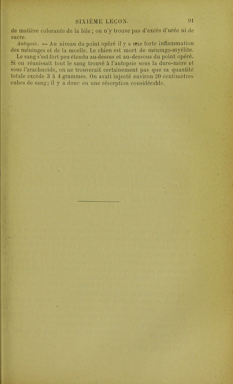 SIX I KME LEgON. de matitro coloranlo de la bile; on n'y Irouve pas d'exces d'ur^e ni do Sucre. Au/opau'. — All niveau dn point op6rc il y a imc forte innammalion dcs meninges et de la nioelle. Le chien est mort do mdningo-myelite. Le sang s'est fort pen ctendu au-dessus et au-dessous du point op6rc. Si on reunissait tout le sang trouv6 i I'autopsie sous la dure-mere et sous rarachnoidc, on ne Irouverait certainemcnt pas que sa quantilc tolale excede 3 i\ 4 grammes. On avait injcctd environ 20 centimetres cubes de sang; il y a done en inie resorption considerable.