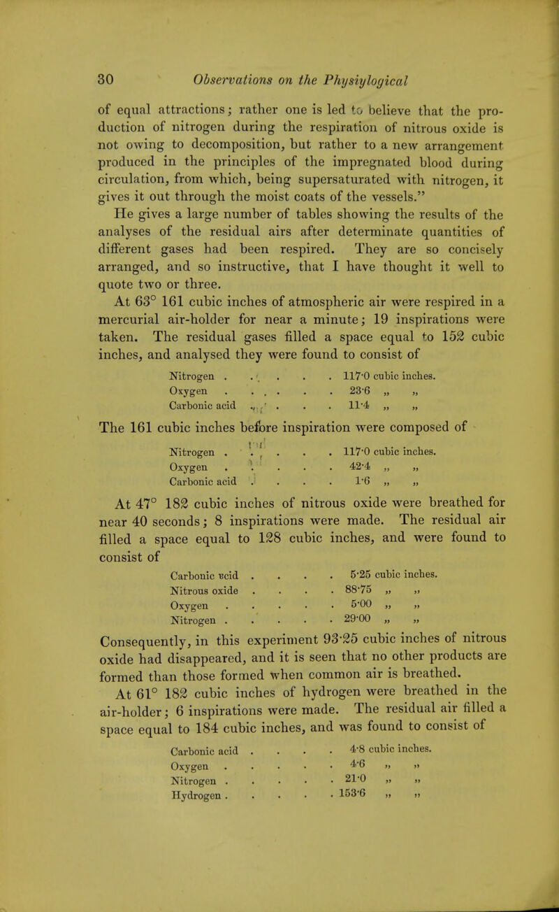 of equal attractions; rather one is led to believe that the pro- duction of nitrogen during the respiration of nitrous oxide is not owing to decomposition, but rather to a new arrangement produced in the principles of the impregnated blood during circulation, from which, being supersaturated with nitrogen, it gives it out through the moist coats of the vessels. He gives a large number of tables showing the results of the analyses of the residual airs after determinate quantities of different gases had been respired. They are so concisely arranged, and so instructive, that I have thought it well to quote two or three. At 63° 161 cubic inches of atmospheric air were respired in a mercurial air-holder for near a minute; 19 inspirations were taken. The residual gases filled a space equal to 152 cubic inches, and analysed they were found to consist of Nitrogen . ... . . 117*0 cubic inches. Oxygen . ... . . 23*6 „ „ Carbonic acid . . 11*4 „ „ The 161 cubic inches before inspiration were composed of Nitrogen . . , . . . 117*0 cubic inches. Oxygen . . . . . 42*4 „ „ Carbonic AC1U . • • • X D j) )> At 47° 182 cubic inches of nitrous oxide were breathed for near 40 seconds; 8 inspirations were made. The residual air filled a space equal to 128 cubic inches, and were found to consist of Carbonic *cid .... 5*25 cubic inches. Nitrous oxide .... 88*75 „ „ Oxygen 5*00 Nitrogen ..... 29*00 „ „ Consequently, in this experiment 93*25 cubic inches of nitrous oxide had disappeared, and it is seen that no other products are formed than those formed when common air is breathed. At 61° 182 cubic inches of hydrogen were breathed in the air-holder; 6 inspirations were made. The residual air filled a space equal to 184 cubic inches, and was found to consist of Carbonic acid .... 4*8 cubic inches. Oxygen ..... 4*6 „ » Nitrogen 21*0 „ » Hydrogen . 153*6 „ „