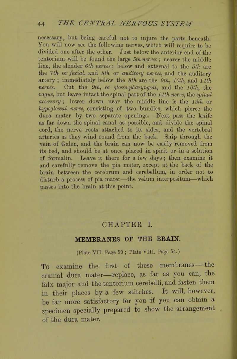 necessary, but being careful not to injure the parts beneath. You will now see the following nerves, which will require to be divided one after the other. Just below the anterior end of the tentorium will be found the large 5th nerves ; nearer the middle line, the slender 6th nerves; below and external to the 5ih are the 7th or facial, and 8th or auditory nerves, and the auditory- artery ; immediately below the 8th are the 9th, 10th, and 11th nerves. Cut the 9th, or glosso-pharyngeal, and the 10th, the vagus, but leave intact the spinal part of the 11th nerve, the spinal accessory; lower down near the middle line is the 12th or hypoglossal nerve, consisting of two bundles, which pierce the dura mater by two separate openings. Next pass the knife as far down the spinal canal as possible, and divide the spinal cord, the nerve roots attached to its sides, and the vertebral arteries as they wind round from the back. Snip through the vein of Galen, and the brain can now be easily removed from its bed, and should be at once placed in spirit or in a solution of formalin. Leave it there for a few days ; then examine it and carefully remove the pia mater, except at the back of the brain between the cerebrum and cerebellum, in order not to disturb a process of pia mater—the velum interpositum—which passes into the brain at this point. CHAPTEE I. MEMBRANES OF THE BRAIN. (Plate VII. Page 50 ; Plate VIII. Page 54.) To examine the first of these membranes—the cranial dura mater—replace, as far as you can, the falx major and the tentorium cerebelli, and fasten them in their places by a few stitches. It will, however, be far more satisfactory for you if you can obtain a specimen specially prepared to show the arrangement of the dura mater.