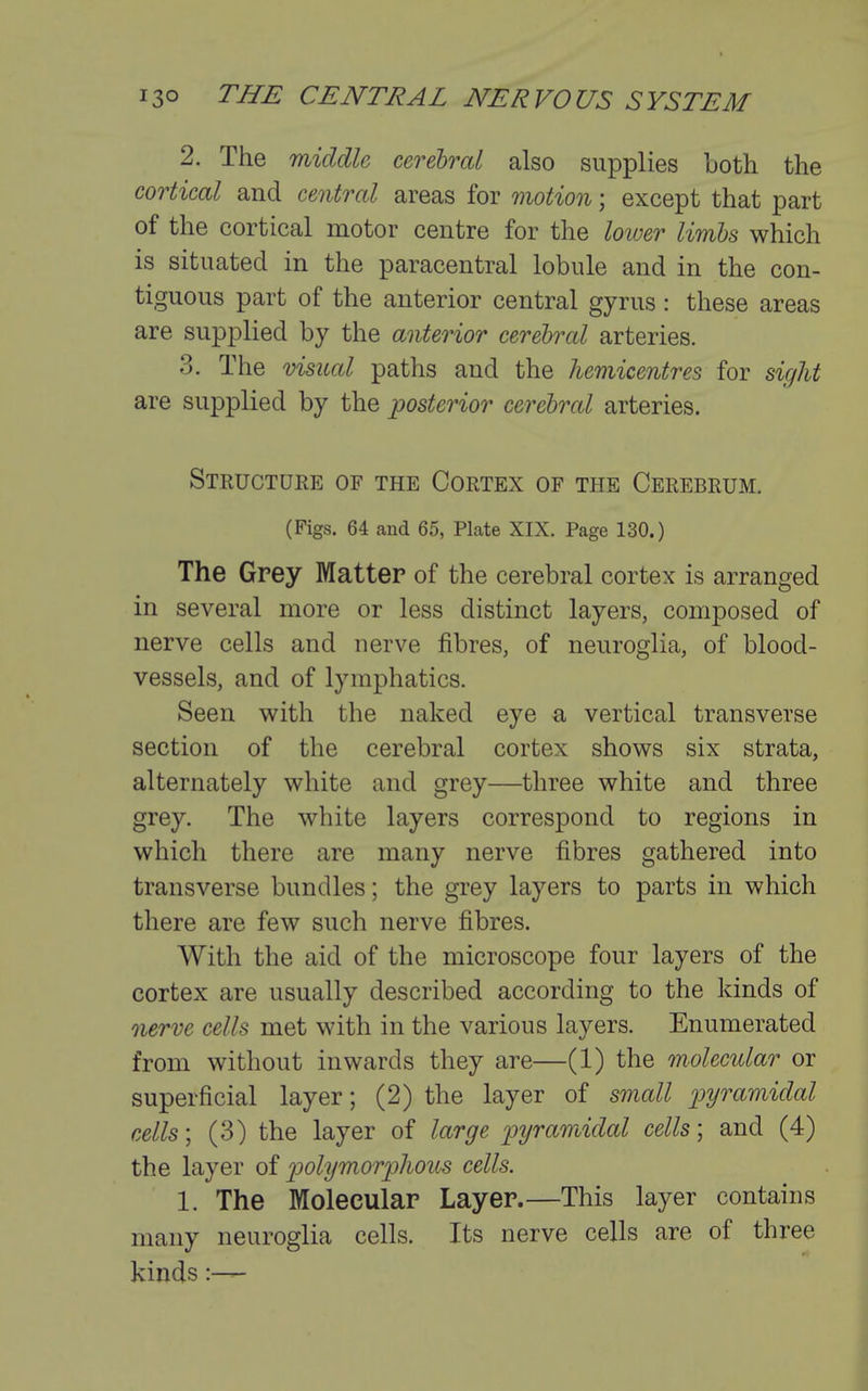 2. The middle cerebral also supplies Loth the cortical and central areas for motion; except that part of the cortical motor centre for the lower limbs which is situated in the paracentral lobule and in the con- tiguous part of the anterior central gyrus : these areas are supplied by the anterior cerebral arteries. 3. The visual paths and the liemicentres for sight are supplied by the posterior cerebrcd arteries. Structure of the Cortex of the Cerebrum. (Figs. 64 and 65, Plate XIX. Page 130.) The Grey Matter of the cerebral cortex is arranged in several more or less distinct layers, composed of nerve cells and nerve fibres, of neuroglia, of blood- vessels, and of lymphatics. Seen with the naked eye a vertical transverse section of the cerebral cortex shows six strata, alternately white and grey—three white and three grey. The white layers correspond to regions in which there are many nerve fibres gathered into transverse bundles; the grey layers to parts in which there are few such nerve fibres. With the aid of the microscope four layers of the cortex are usually described according to the kinds of oierve cells met with in the various layers. Enumerated from without inwards they are—(1) the mdecular or superficial layer; (2) the layer of small pyramidal cells; (3) the layer of large pyramidal cells; and (4) the layer oi p)olymorp)hous cells. 1. The Molecular Layer.—This layer contains many neuroglia cells. Its nerve cells are of three kinds
