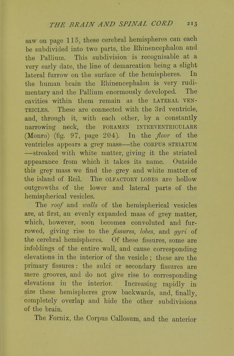 saw on page 115, these cerebral hemispheres can each be subdivided into two parts, the Rhinencephalon and the Pallium. This subdivision is recognisable at a very early date, the line of demarcation being a slight lateral furrow on the surface of the hemispheres. In tlie human brain the Ehinencephalon is very rudi- mentary and the Pallium enormously developed. The cavities within them remain as the lateral ven- tricles. These are connected with the 3rd ventricle, and, through it, with each other, by a constantly narrowing neck, the foramen interventriculare (Monro) (fig. 97, page 204). In the floor of the ventricles appears a grey mass—the corpus striatum —streaked with white matter, giving it the striated appearance from which it takes its name. Outside this grey mass we find the grey and white matter of the island of Reil. The olfactory lobes are hollow outgrowths of the lower and lateral parts of the hemispherical vesicles. The roof and walls of the hemispherical vesicles are, at first, an evenly expanded mass of grey matter, which, however, soon becomes convoluted and fur- rowed, giving rise to the fissures, lohes, and gyri of the cerebral hemispheres. Of these fissures, some are infoldings of the entire wall, and cause corresponding elevations in the interior of the vesicle; these are the primary fissures: the sulci or secondary fissures are mere grooves, and do not give rise to corresponding elevations in the interior. Increasing rapidly in size these hemispheres grow backwards, and, finally, completely overlap and hide the other subdivisions of the brain. The Fornix, the Corpus Callosum, and the anterior
