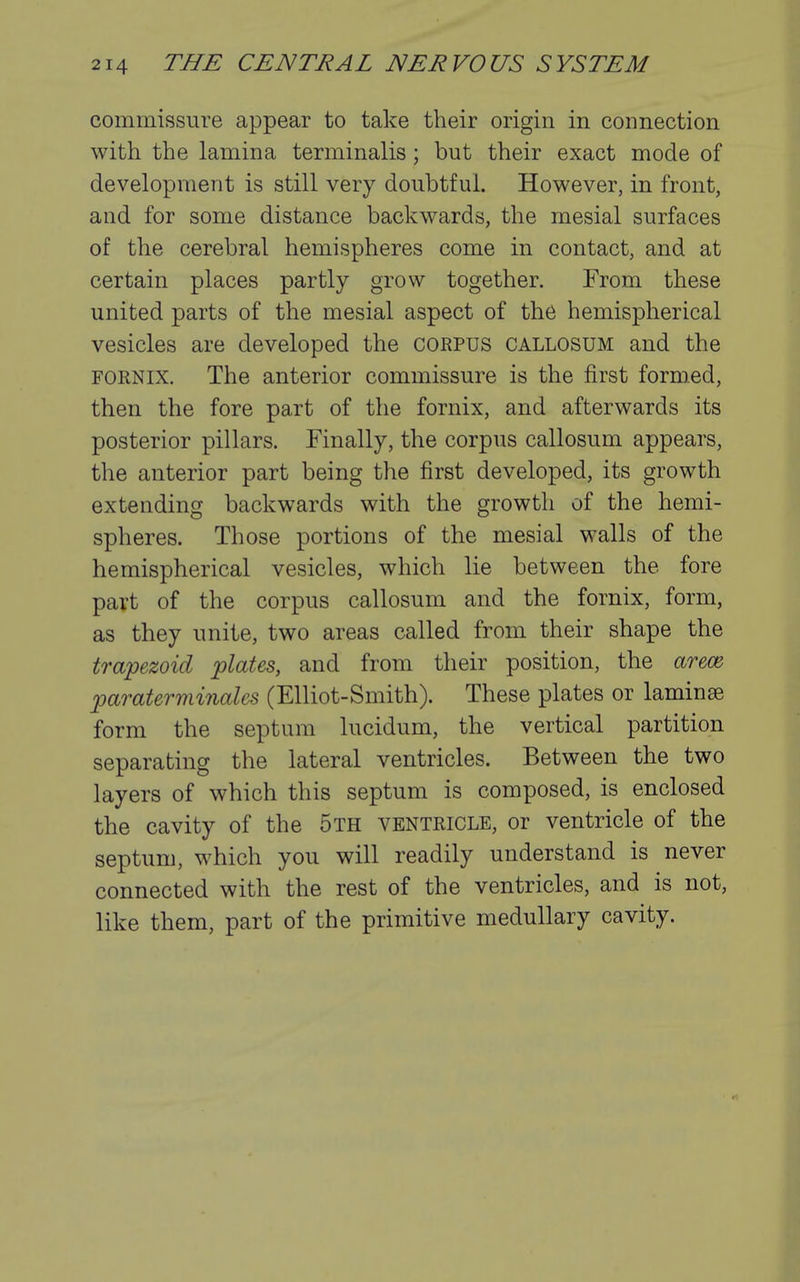 commissure appear to take their origin in connection with the lamina terminalis; but their exact mode of development is still very doubtful. However, in front, and for some distance backwards, the mesial surfaces of the cerebral hemispheres come in contact, and at certain places partly grow together. From these united parts of the mesial aspect of the hemispherical vesicles are developed the corpus callosum and the FORNIX. The anterior commissure is the first formed, then the fore part of the fornix, and afterwards its posterior pillars. Finally, the corpus callosum appears, the anterior part being the first developed, its growth extending backwards with the growth of the hemi- spheres. Those portions of the mesial walls of the hemispherical vesicles, which lie between the fore part of the corpus callosum and the fornix, form, as they unite, two areas called from their shape the trapezoid plates, and from their position, the arece paraterminales (Elliot-Smith). These plates or laminae form the septum lucidum, the vertical partition separating the lateral ventricles. Between the two layers of which this septum is composed, is enclosed the cavity of the 5th ventricle, or ventricle of the septum, which you will readily understand is never connected with the rest of the ventricles, and is not, like them, part of the primitive medullary cavity.