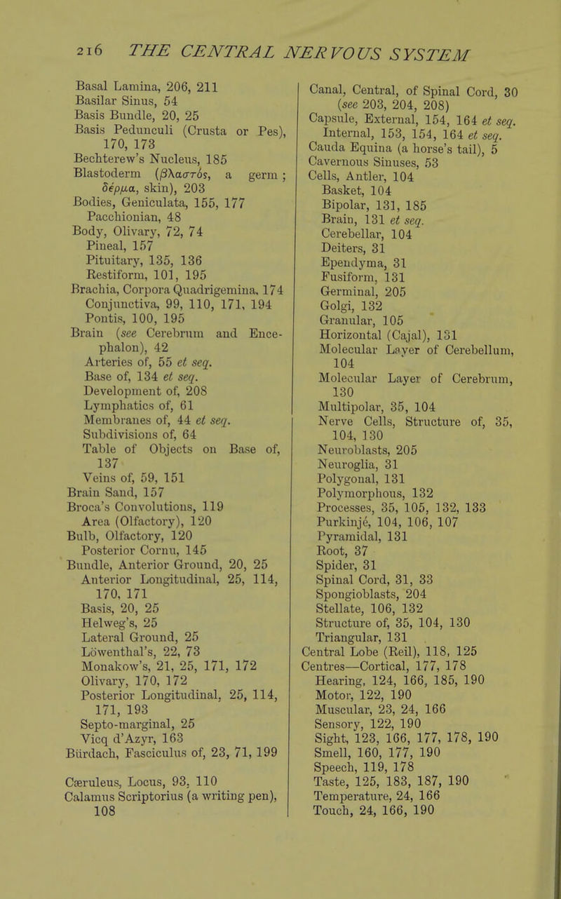 Basal Lamina, 206, 211 Basilar Sinus, 54 Basis Bundle, 20, 25 Basis Peduuculi (Crusta or Pes), 170, 173 Bechterew's Nucleus, 185 Blastoderm {^Xaards, a germ ; depfjia, skin), 203 Bodies, Geniculata, 155, 177 Pacchionian, 48 Body, Olivary, 72, 74 Pineal, 157 Pituitary, 135, 136 Restiform, 101, 195 Brachia, Corpora Quadrigemiua, 174 Conjunctiva, 99, 110, 171, 194 Pontis, 100, 195 Brain {see Cerebrum and Ence- phalon), 42 Arteries of, 55 et seq. Base of, 134 et seq. Development of, 208 Lymphatics of, 61 Membranes of, 44 et seq. Subdivisions of, 64 Table of Objects on Base of, 137 Veins of, 59, 151 Brain Sand, 157 Broca's Convolutions, 119 Area (Olfactory), 120 Bulb, Olfactory, 120 Posterior Cornu, 145 Bundle, Anterior Ground, 20, 25 Anterior Longitudinal, 25, 114, 170, 171 Basis, 20, 25 Helweg's, 25 Lateral Ground, 25 Lowenthal's, 22, 73 Monakow's, 21, 25, 171, 172 Olivary, 170, 172 Posterior Longitudinal. 25, 114, 171, 193 Septo-marginal, 25 Vicq d'Azyr, 163 Biirdach, Fasciculus of, 23, 71, 199 CjEruleus, Locus, 93. 110 Calamus Scriptorius (a writing pen), 108 Canal, Central, of Spinal Cord, 30 {see 203, 204, 208) Capsule, External, 154, 16i et seq. Internal, 153, 154, 164 et seq. Cauda Equina (a horse's tail), 5 Cavernous Sinuses, 53 Cells, Antler, 104 Basket, 104 Bipolar, 131, 185 Brain, IZl et seq. Cerebellar, 104 Deiters, 31 Ependyma, 31 Fusiform, 131 Germinal, 205 Golgi, 132 Granular, 105 Horizontal (Cajal), 131 Molecular Lover of Cerebellum, 104 Molecular Layer of Cerebrum, 130 Multipolar, 35, 104 Nerve Cells, Structure of, 35, 104, 130 Neuroblasts, 205 Neuroglia, 31 Polygonal, 131 Polymorphous, 132 Processes, 35, 105, 132, 133 PurkinjcS 104, 106, 107 Pyramidal, 131 Root, 37 Spider, 31 Spinal Cord, 31, 33 Spongioblasts, 204 Stellate, 106, 132 Structure of, 35, 104, 130 Triangular, 131 Central Lobe (Reil), 118, 125 Centres—Cortical, 177, 178 Hearing, 124, 166, 185, 190 Motor, 122, 190 Muscular, 23, 24, 166 Sensory, 122, 190 Sight, 123, 166, 177, 178, 190 Smell, 160, 177, 190 Speech, 119, 178 Taste, 125, 183, 187, 190 Temperatiire, 24, 166 Touch, 24, 166, 190