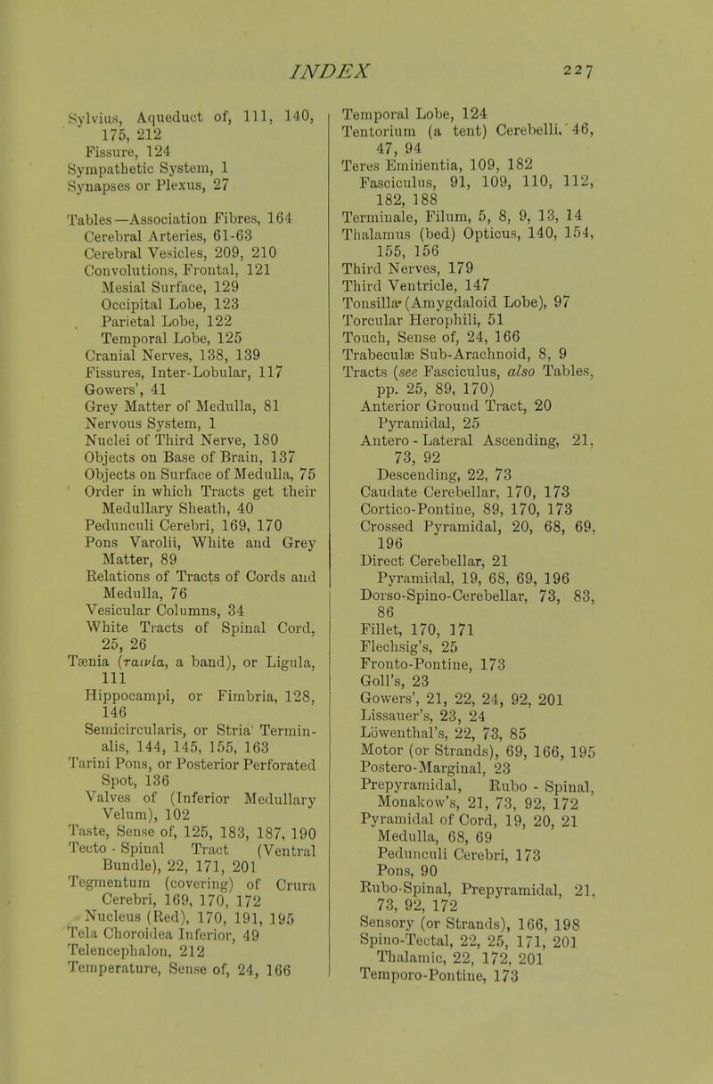 Sylvius, A.queduct of, 111, 140, 175, 212 Fissure, 124 Sympathetic System, 1 Synapses or Plexus, 27 Tables—Association Fibres, 164 Cerebral Arteries, 61-63 Cerebral Vesicles, 209, 210 Convolutions, Frontal, 121 Mesial Surface, 129 Occipital Lobe, 123 Parietal Lobe, 122 Temporal Lobe, 125 Cranial Nerves, 138, 139 Fissures, Inter-Lobular, 117 Gowers', 41 Grey Matter of Medulla, 81 Nervous System, 1 Nuclei of Third Nerve, 180 Objects on Base of Brain, 137 Objects on Surface of Medulla, 75 ' Order in which Tracts get their Medullary Sheath, 40 Pedunculi Cerebri, 169, 170 Pons Varolii, White and Grey Matter, 89 Relations of Tracts of Cords and Medulla, 76 Vesicular Columns, 34 White Tiacts of Spinal Cord, 25, 26 Tsenia (raivla, a band), or Ligula, 111 Hippocampi, or Fimbria, 128, 146 Semicircularis, or Stria' Termin- alis, 144, 145, 155, 163 Tarini Pons, or Posterior Perforated Spot, 136 Valves of (Inferior Medullary Velum), 102 Taste, Sense of, 125, 183, 187, 190 Tecto - Spinal Tract (Ventral Bundle), 22, 171, 201 Tegmentum (covering) of Crura Cerebri, 169, 170, 172 Nucleus (Red), 170, 191, 195 Tela Choroidea Inferior, 49 Telencephalon, 212 Temperature, Sense of, 24, 166 Temporal Lobe, 124 Tentorium (a tent) Cerebelli,' 46, 47, 94 Teres Emirientia, 109, 182 Fasciculus, 91, 109, 110, 112, 182, 188 Terminale, Filum, 5, 8, 9, 13, 14 Thalamus (bed) Opticus, 140, 154, 155, 156 Third Nerves, 179 Third Ventricle, 147 Tonsilla-(Amygdaloid Lobe), 97 Torcular Herophili, 51 Touch, Sense of, 24, 166 Trabeculae Sub-Arachnoid, 8, 9 Tracts {see Fasciculus, also Tables, pp. 25, 89, 170) Anterior Ground Tract, 20 Pyramidal, 25 Autero - Lateral Ascending, 21. 73, 92 Descending, 22, 73 Caudate Cerebellar, 170, 173 Cortico-Pontine, 89, 170, 173 Crossed Pyramidal, 20, 68, 69, 196 Direct Cerebellar, 21 Pyramidal, 19, 68, 69, 196 Dorso-Spino-Cerebellar, 73, 83, 86 Fillet, 170, 171 Flechsig's, 25 Fronto-Pontine, 173 Goll's, 23 Gowers', 21, 22, 24, 92, 201 Lissauer's, 23, 24 Lbwenthal's, 22, 73, 85 Motor (or Strands), 69, 166, 195 Postero-Marginal, 23 Prepyramidal, Rubo - Spinal, Monakow's, 21, 73, 92, 172 Pyramidal of Cord, 19, 20, 21 Medulla, 68, 69 Pedunculi Cerebri, 173 Pons, 90 Rubo-Spinal, Prepyramidal, 21, 73, 92, 172 Sensory (or Strands), 166, 198 Spino-Tectal, 22, 25, 171, 201 Thalamic, 22, 172, 201 Teraporo-Pontine, 173