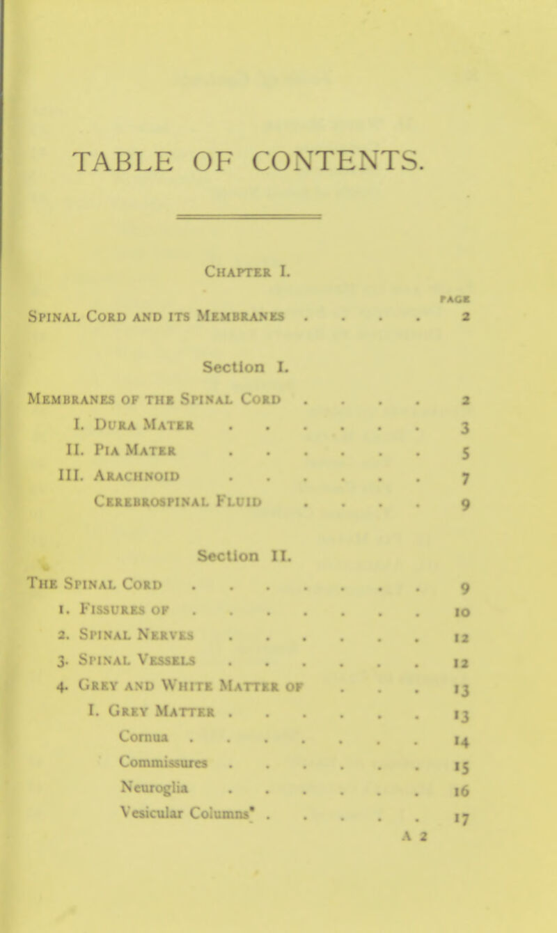 TABLE OF CONTEXTS. Chapter I. fACS Spinal Cord and its Membranes ... 2 Section I. Membranes of thb Spinal Cord . . I. Dl'ra Mater 3 II. Via Mater 5 III. Arachnoid .7 Cerebrospinal Fl: . .9 Section II. The Spinal Cord .... 9 1. Fissures op .... 10 2. Spinal Nerves .... 12 3. Spinal Vessels -is 4. Grey and White Matter or . '3 I. Grey Matter . 13 Cornua Commissures 1^ Neuroglia 16 Vesicular . i - .V 2