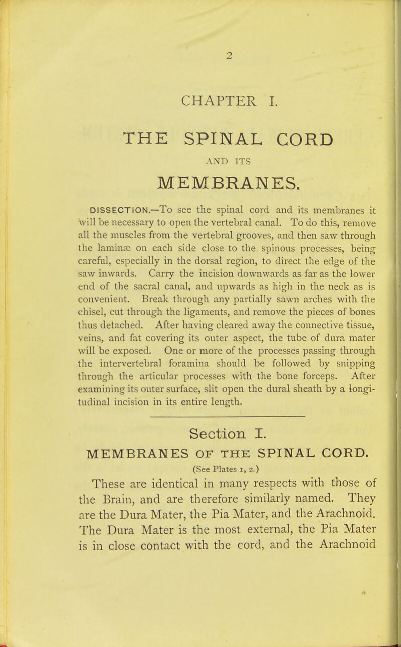 CHAPTER I. THE SPINAL CORD AND ITS MEMBRANES. DISSECTION.—To see the spinal cord and its membranes it \vill be necessary to open the vertebral canal. To do this, remove all the muscles from the vertebral grooves, and then saw through the laminre on each side close to the spinous processes, being careful, especially in the dorsal region, to direct the edge of the saw inwards. Carry the incision downwards as far as the lower end of the sacral canal, and upwards as high in the neck as is convenient. Break through any partially sawn arches with the chisel, cut through the ligaments, and remove the pieces of bones thus detached. After having cleared away the connective tissue, veins, and fat coveinng its outer aspect, the tube of dura mater will be exposed. One or more of the processes passing through the intervertebral foramina should be followed by snipping through the articular processes with the bone forceps. After examining its outer surface, slit open the dural sheath by a longi- tudinal incision in its entire length. Section I. MEMBRANES OF THE SPINAL CORD. (See Plates i, 2.) These are identical in many respects with those of the Brain, and are therefore similarly named. They are the Dura Mater, the Pia Mater, and the Arachnoid. The Dura Mater is the most external, the Pia Mater is in close contact with the cord, and the Arachnoid