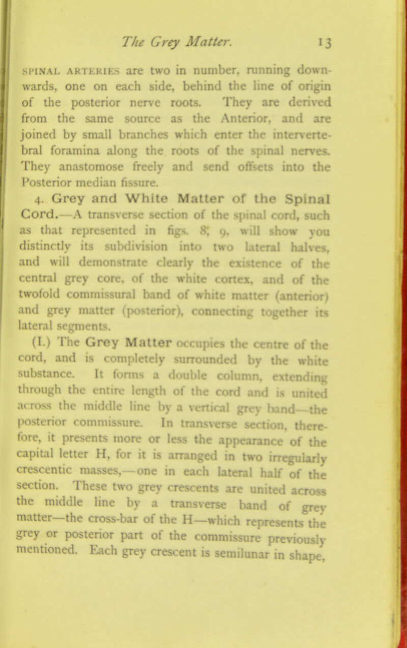SPINAL ARTKKiF>^ are two in number, running down- wards, one on each side, behind the hne of origin of the posterior ner\e roots. They are <: I from the same source as the Anterior, and arc joined by small branches which enter the intenertc- bral foramina along the roots of the spinal nerves. They anastomose freely and send oflEsets into the I'osterior median fissure. 4. Grey and White Matter of the Spinal Cord.- -A transverse section of the spinal corcJ, such as that represented in figs. 9^ 9, will show you distinctly its sub<iivision into tw« ' 'Tail halves, and will demonstrate clearly the cxiiicnre of •' central grey core, of the while 1 of the twofold commissural band of while and grey matter (po««- I.i'i't i' - • nicnls. (1 ) I he Grey Matter re of the cord, and is C( surr the white substance. Ii tonus n dnul>le CC' through the entire 1 of the rord and is i .KTOSS the middle hne by a \ bind- the posterior commissure. In tm there- fore, it presents more or less the appearance of the capital letter H. for it is arranged in two irregularly crescentic masses,—one in each lateral half of the section. These two grey crescents are united across the middle line by a transverse band of grey matter—the cross-bar of the H—which represents the grey or posterior part of the commissure previously mentioned. Each grey crescent is semilunar in shape,