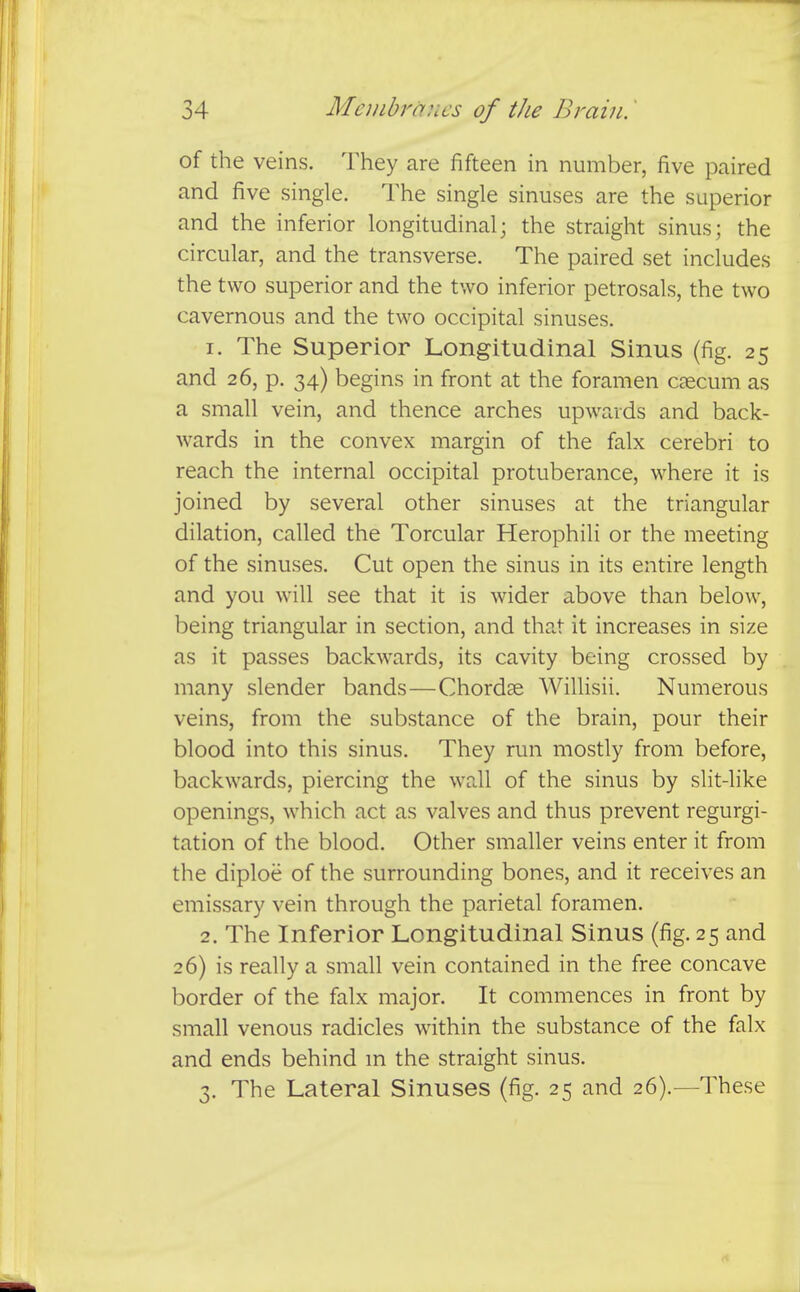 of the veins. They are fifteen in number, five paired and five single. The single sinuses are the superior and the inferior longitudinal; the straight sinus; the circular, and the transverse. The paired set includes the two superior and the two inferior petrosals, the two cavernous and the two occipital sinuses. 1. The Superior Longitudinal Sinus (fig. 25 and 26, p. 34) begins in front at the foramen caecum as a small vein, and thence arches upwards and back- wards in the convex margin of the falx cerebri to reach the internal occipital protuberance, where it is joined by several other sinuses at the triangular dilation, called the Torcular Herophili or the meeting of the sinuses. Cut open the sinus in its entire length and you will see that it is wider above than below, being triangular in section, and that it increases in size as it passes backwards, its cavity being crossed by many slender bands—Chordae Willisii. Numerous veins, from the substance of the brain, pour their blood into this sinus. They run mostly from before, backwards, piercing the wall of the sinus by slit-like openings, which act as valves and thus prevent regurgi- tation of the blood. Other smaller veins enter it from the diploe of the surrounding bones, and it receives an emissary vein through the parietal foramen. 2. The Inferior Longitudinal Sinus (fig. 25 and 26) is really a small vein contained in the free concave border of the falx major. It commences in front by small venous radicles within the substance of the falx and ends behind m the straight sinus. 3. The Lateral Sinuses (fig. 25 and 26).—These