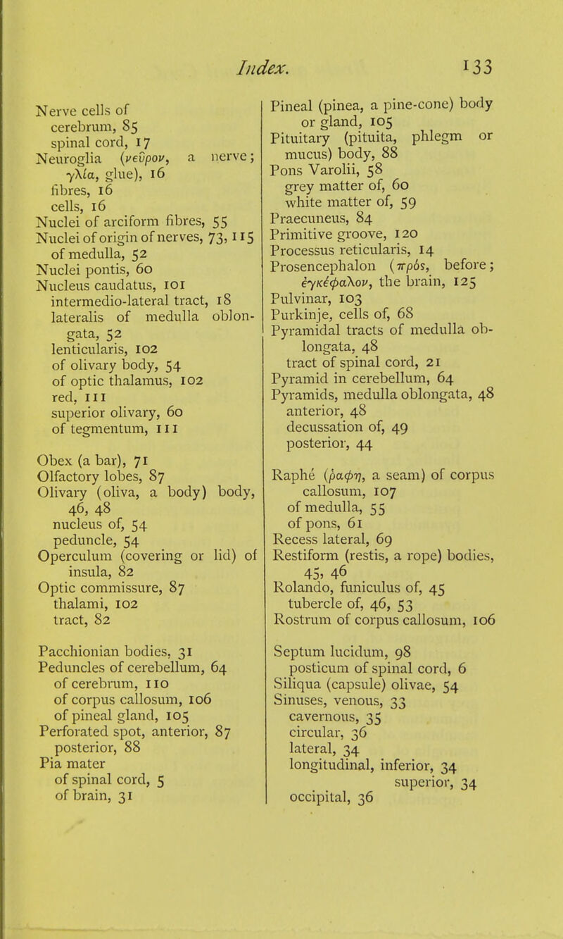 Nerve cells of cerebrum, 85 spinal cord, 17 Neuroglia (j/eOpoi/, a nerve; -{Kia, glue), 16 fibres, 16 cells, 16 Nuclei of arciform fibres, 55 Nuclei of origin of nerves, 73,115 of medulla, 52 Nuclei pontis, 60 Nucleus caudatus, 101 intermedio-lateral tract, 18 lateralis of medulla oblon- gata, 52 lenticularis, 102 of olivary body, 54 of optic thalamus, 102 red, III superior olivary, 60 of tegmentum, ill Obex (a bar), 71 Olfactory lobes, 87 Olivaiy (oliva, a body) body, 46, 48 nucleus of, 54 peduncle, 54 Operculum (covering or lid) of insula, 82 Optic commissure, 87 thalami, 102 tract, 82 Pacchionian bodies, 31 Peduncles of cerebellum, 64 of cerebrum, no of corpus callosum, 106 of pineal gland, 105 Perforated spot, anterior, 87 posterior, 88 Pia mater of spinal cord, 5 of brain, 31 Pineal (pinea, a pine-cone) body or gland, 105 Pituitary (pituita, phlegm or mucus) body, 88 Pons Varolii, 58 grey matter of, 60 white matter of, 59 Praecuneus, 84 Primitive gi'oove, 120 Processus reticularis, 14 Prosencephalon (Trpos, before; eyKi(pa\ov, the brain, 125 Pulvinar, 103 Purkinje, cells of, 68 Pyramidal tracts of medulla ob- longata, 48 tract of spinal cord, 21 Pyramid in cerebellum, 64 Pyramids, medulla oblongata, 48 anterior, 48 decussation of, 49 posterior, 44 Raphe {pa.(pri, a seam) of corpus callosum, 107 of medulla, 55 of pons, 61 Recess lateral, 69 Restiform (restis, a rope) bodies, Rolando, funiculus of, 45 tubercle of, 46, 53 Rostrum of corpus callosum, 106 Septum lucidum, 98 posticum of spinal cord, 6 Siliqua (capsule) olivae, 54 Sinuses, venous, 33 cavernous, 35 circular, 36 lateral, 34 longitudinal, inferior, 34 superior, 34 occipital, 36