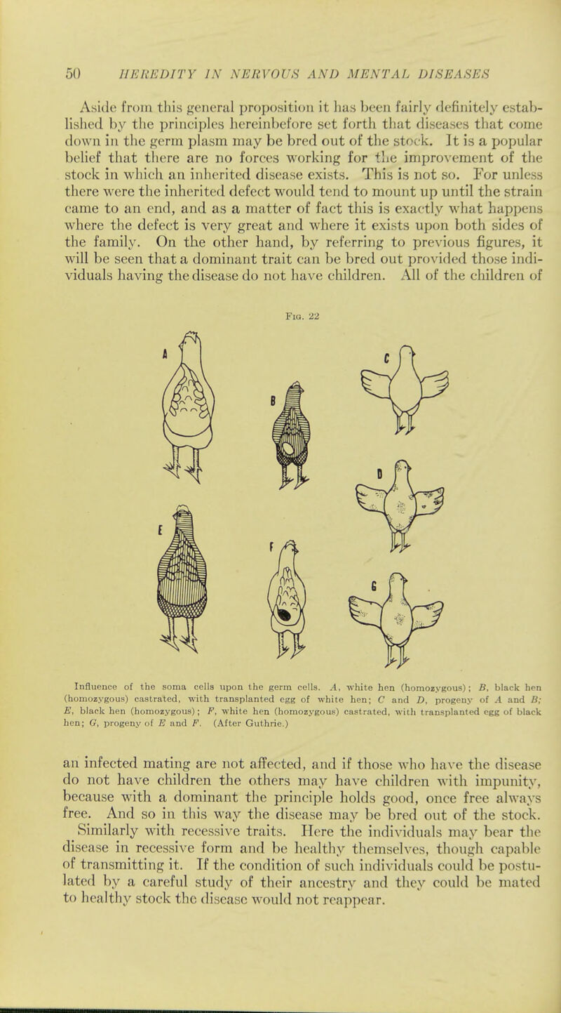 Aside from this general proposition it has been fairly definitely estab- lished by the principles hereinbefore set forth that diseases that come down in the germ plasm may be bred out of the stock. It is a popular belief that there are no forces working for the improvement of the stock in which an inherited disease exists. This is not so. For unless there were the inherited defect would tend to mount up until the strain came to an end, and as a matter of fact this is exactly what happens where the defect is very great and where it exists upon both sides of the family. On the other hand, by referring to previous figures, it will be seen that a dominant trait can be bred out provided those indi- viduals having the disease do not have children. All of the children of Fig. 22 Influence of the soma cells upon the germ cells. A, white hen (homozygous); B, black hen (homozygous) castrated, with transplanted egg of white hen; C and D, progeny of A and B; E, black hen (homozygous); F, while hen (homozygous) castrated, witli transplanted egg of black hen; G, progeny of E and F. (After Guthrie.) an infected mating are not affected, and if those who have the disease do not have children the others may have children with impunity, because with a dominant the principle holds good, once free always free. And so in this way the disease may be bred out of the stock. Similarly with recessive traits. Here the individuals may bear the disease in recessive form and be healthy themselves, though capable of transmitting it. If the condition of such individuals could be postu- lated by a careful study of their ancestry and they could be mated to healthy stock the disease would not reappear.