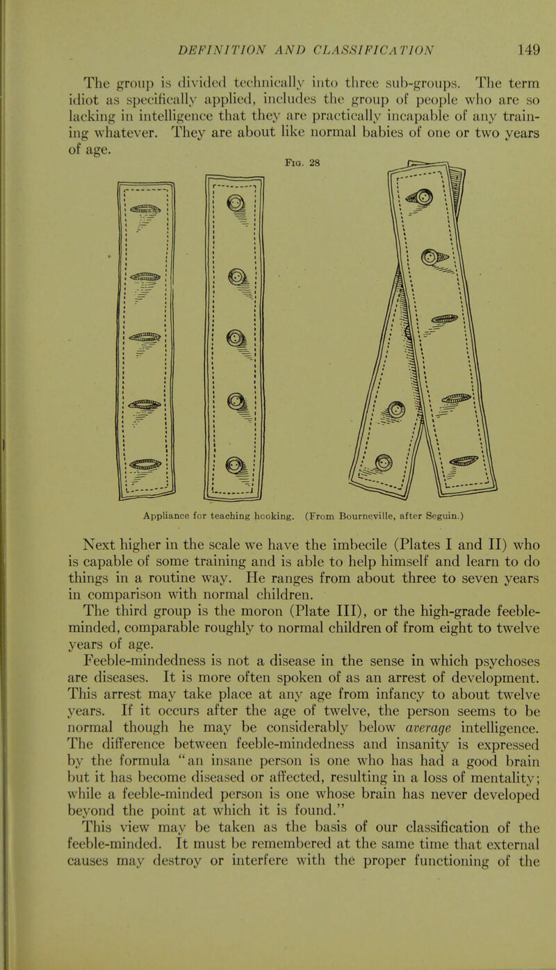 The group is divided technically into three sub-groups. The term idiot as specifically applied, includes the group of people who are so lacking in intelligence that they are practically incapable of any train- ing whatever. They are about like normal babies of one or two years of age. Appliance for teaching hooking. (From Bourneville, after Seguin.) Next higher in the scale we have the imbecile (Plates I and II) who is capable of some training and is able to help himself and learn to do things in a routine way. He ranges from about three to seven years in comparison with normal children. The third group is the moron (Plate III), or the high-grade feeble- minded, comparable roughly to normal children of from eight to twelve years of age. Feeble-mindedness is not a disease in the sense in which psychoses are diseases. It is more often spoken of as an arrest of development. This arrest may take place at any age from infancy to about twelve years. If it occurs after the age of twelve, the person seems to be normal though he may be considerably below average intelligence. The difference between feeble-mindedness and insanity is expressed by the formula an insane person is one who has had a good brain but it has become diseased or affected, resulting in a loss of mentality; while a feeble-minded person is one whose brain has never developed beyond the point at which it is found. This view may be taken as the basis of our classification of the feeble-minded. It must be remembered at the same time that external causes may destroy or interfere with the proper functioning of the