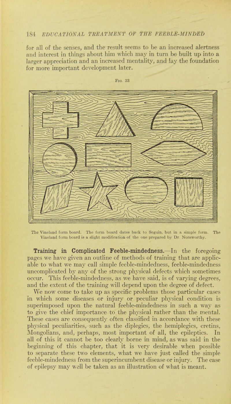 for all of the senses, and the result seems to be an increased alertness and interest in things about him which may in turn be built up into a larger appreciation and an increased mentality, and lay the foundation for more important development later. Fio. 33 The Vineland form board. The form board dates back to Seguin, but in a simple form. The Vineland form board is a slight modification of the one prepared by Dr Norsworthy. Training in Complicated Feeble-mindedness.—In the foregoing pages we have given an outline of methods of training that are applic- able to what we may call simple feeble-mindedness, feeble-mindedness uncomplicated by any of the strong physical defects which sometimes occur. This feeble-mindedness, as we have said, is of varying degrees, and the extent of the training will depend upon the degree of defect. We now come to take up as specific problems those particular cases in which some diseases or injury or peculiar physical condition is superimposed upon the natural feeble-mindedness in such a way as to give the chief importance to the physical rather than the mental. These cases are consequently often classified in accordance with these physical peculiarities, such as the diplegics, the hemiplegics, cretins, Mongolians, and, perhaps, most important of all, the epileptics. In all of this it cannot be too clearly borne in mind, as was said in the beginning of this chapter, that it is very desirable when possible to separate these two elements, what we have just called the simple feeble-mindedness from the superincumbent disease or injury. The case of epilepsy may well be taken as an illustration of what is meant.