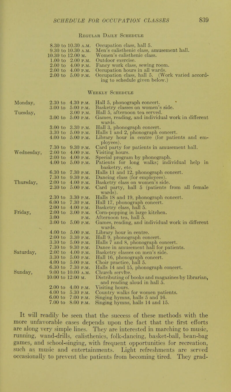 Regular Daily Schedule 8.30 to 10.30 a.m. Occupation class, hall 5. 9.30 to 10.30 a.m. Men's calisthenic class, amusement hall. 10.30 to 12.00 m. Women's calisthenic class. 1.00 to 2.00 p.m. Outdoor exercise. 2.00 to 4.00 p.m. Fancy work class, sewing room. 2.00 to 4.00 p.m. Occupation hours in all w ards. 2.00 to 5.00 p.m. Occupation class, hall 5. (Work varied accord- ing to schedule given below.) Weekly Schedule Monday, Tuesday, Wednesday, Thursday, Friday, Saturday, Sunday, 2.30 to 4.30 p.m. 3.00 to 5.00 p.m. 3.00 p.m. 3.00 to 5.00 p.m. 3.00 to 3.30 p.m. 3.30 to 5.00 p.m. 4.00 to 5.00 p.m. 7.30 to 9.30 p.m. 2.00 to 4.00 p.m. 2.00 to 4.00 p.m. 4.00 to 5.00 p.m. 6.30 to 7.30 p.m. 7.30 to 9.30 p.m. 2.00 to 4.00 p.m. 2.30 to 5.00 p.m. 2.30 to 6.00 to 2.00 to 2.00 to 3.00 3.00 to 4.00 to 2.00 to 3.30 to 7.30 to 2.00 to 3.30 to 4.00 to 6.30 to 9.00 to 10.00 to 3.30 p.m. 7.30 p.m. 4.00 p.m. 3.00 p.m. P.M. 5.00 p.m. 5.00 p.m. 3.30 p.m. 5.00 p.m. 9.30 4.00 5.00 5.00 7.30 10.00 12.00 M. 2.00 to 4.00 p.m. 4.00 to 5.30 p.m. 6.00 to 7.00 p.m. 7.00 to 8.00 p.m. Hall 5, phonograph concert. Basketry classes on women's side. Hall 5, afternoon tea served. Games, reading, and individual work in different wards. Hall 3, phonograph concert. Halls 1 and 2, phonograph concert. Library hour in centre (for patients and em- ployees) . Card party for patients in amusement hall. Visiting hours. Special program by phonograph. Patients for long walks; individual help in basketry, etc. Halls 11 and 12, phonograph concert. Dancing class (for employees). Basketry class on women's side. Card party, hall 5 (patients from all female wards). Halls 18 and 19, phonograph concert. Hall 17, phonograph concert. Basketry class, hall 5. Corn-popping in large kitchen. Afternoon tea, hall 5. Games, reading, and individual work in different wards. Library hour in centre. Hall 9, phonograph concert. Halls 7 and 8, phonograph concert. Dance in amusement hall for patients. Basketry classes on men's side. Hall 16, phonograph concert. Choir practice, hall 5. Halls 14 and 15, phonograph concert. Church servfee. Distributing of books and magazines by librarian, and reading aloud in hall 5. Visiting hours. Country walks for women patients. Singing hymns, halls 5 and 16. Singing hymns, halls 14 and 15. It will readily be seen that the success of these methods with the more unfavorable cases depends upon the fact that the first efforts are along very simple lines. They are interested in marching to music, running, wand-drills, calisthenics, folk-dancing, basket-ball, bean-bag games, and school-singing, with frequent opportunities for recreation, such as music and entertainments. Light refreshments are served occasionally to prevent the patients from becoming tired. They grad-