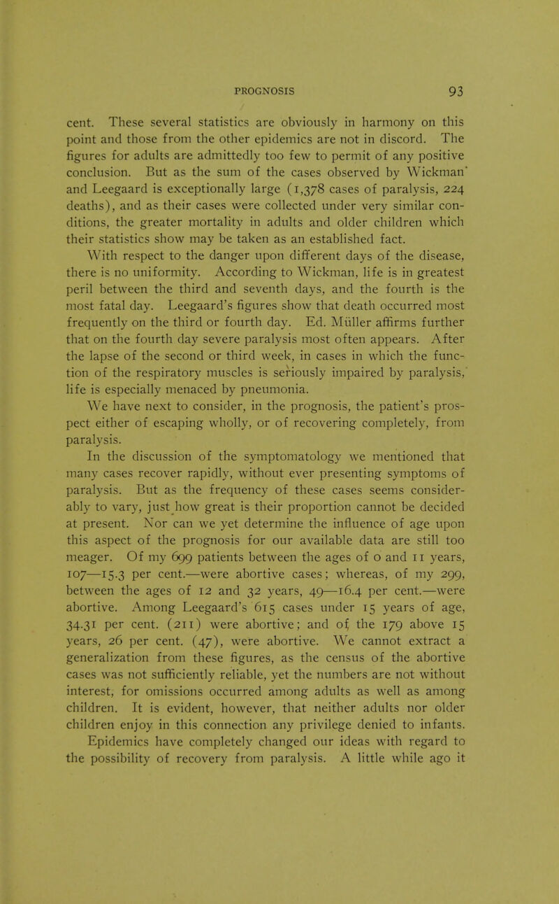 cent. These several statistics are obviously in harmony on this point and those from the other epidemics are not in discord. The figures for adults are admittedly too few to permit of any positive conclusion. But as the sum of the cases observed by Wickman and Leegaard is exceptionally large (1,378 cases of paralysis, 224 deaths), and as their cases were collected under very similar con- ditions, the greater mortality in adults and older children which their statistics show may be taken as an established fact. With respect to the danger upon different days of the disease, there is no uniformity. According to Wickman, life is in greatest peril between the third and seventh days, and the fourth is the most fatal day. Leegaard's figures show that death occurred most frequently on the third or fourth day. Ed. Miiller affirms further that on the fourth day severe paralysis most often appears. After the lapse of the second or third week, in cases in which the func- tion of the respiratory muscles is seriously impaired by paralysis,' life is especially menaced by pneumonia. We have next to consider, in the prognosis, the patient's pros- pect either of escaping wholly, or of recovering completely, from paralysis. In the discussion of the symptomatology we mentioned that many cases recover rapidly, without ever presenting symptoms of paralysis. But as the frequency of these cases seems consider- ably to vary, just how great is their proportion cannot be decided at present. Nor can we yet determine the influence of age upon this aspect of the prognosis for our available data are still too meager. Of my 699 patients between the ages of o and 11 years, 107—15.3 per cent.—were abortive cases; whereas, of my 299, between the ages of 12 and 32 years, 49—16.4 per cent.—were abortive. Among Leegaard's 615 cases under 15 years of age, 34.31 per cent. (211) were abortive; and of, the 179 above 15 years, 26 per cent. (47), were abortive. We cannot extract a generalization from these figures, as the census of the abortive cases was not sufficiently reliable, yet the numbers are not without interest, for omissions occurred among adults as well as among children. It is evident, however, that neither adults nor older children enjoy in this connection any privilege denied to infants. Epidemics have completely changed our ideas with regard to the possibility of recovery from paralysis. A little while ago it