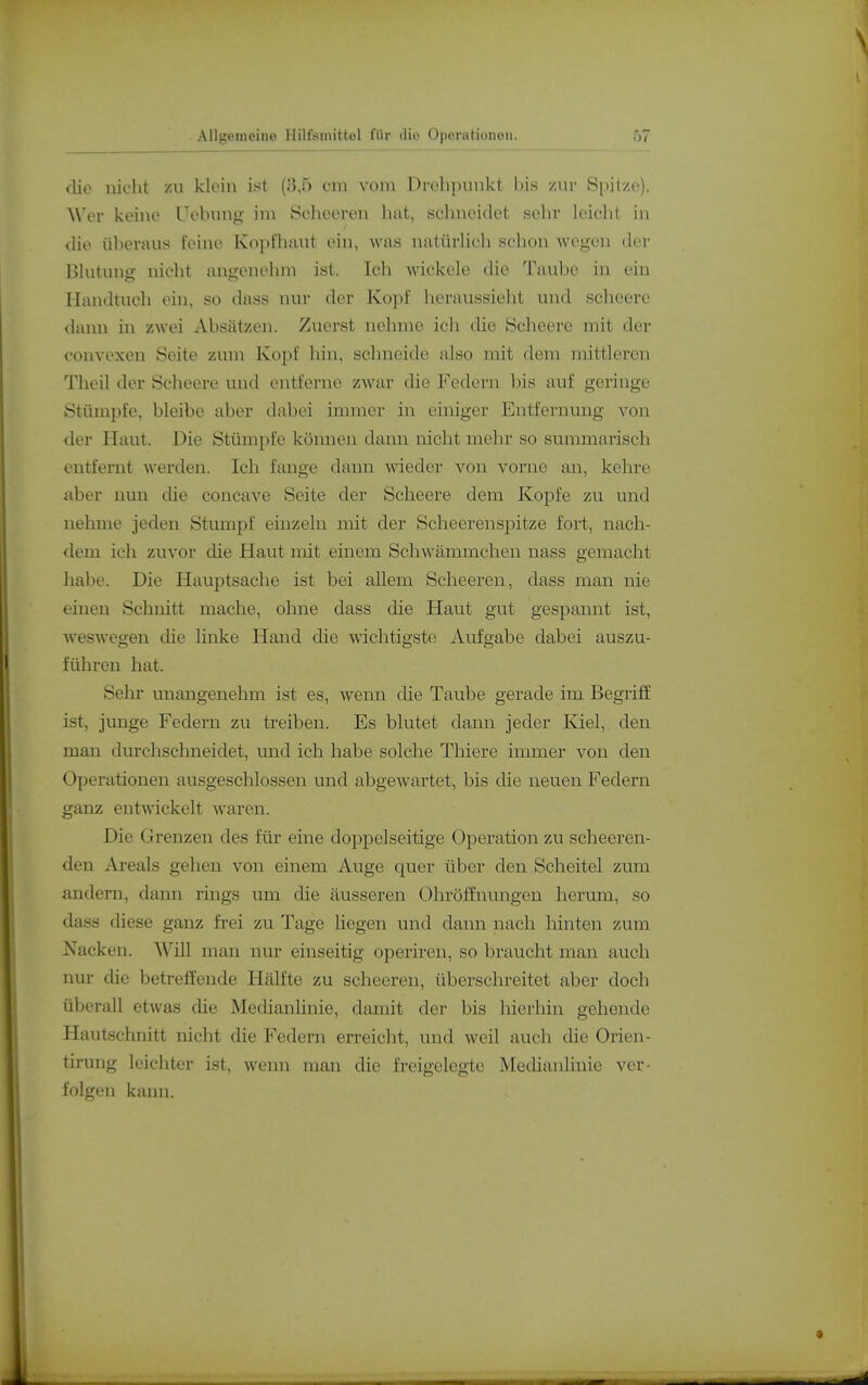 die nicht zu klein ist (.3,5 cm vom Drehpunkt bis zur Si)itze). Wer keine Uebung im Scheeren hat, schneidet sein- leiclit in die überaus feine Kopfhaut ein, was natürHch schon wegen der Bhitung nicht angenehm ist. Ich wickele die Taube in ein Handtuch ein, so dass nur der Kopf heraussieht und scheere dann in zwei Absätzen. Zuerst nehme ich die Scheere mit der convexen Seite zum Kopf hin, schneide also mit dem mittleren Theil der Scheere und entferne zwar die Federn bis auf geringe Stümpfe, bleibe aber dabei immer in einiger Entfernung von der Haut. Die Stümpfe kömien dann nicht mehr so summarisch entfernt werden. Ich fange dann wieder von vorne an, kehre iiber nun die concave Seite der Scheere dem Kopfe zu und nehme jeden Stumpf einzeln mit der Scheerenspitze fort, nach- dem ich zuvor die Haut mit einem Schwämmchen nass gemacht habe. Die Hauptsache ist bei allem Scheeren, dass man nie einen Schnitt mache, ohne dass die Haut gut gespannt ist, weswegen die linke Hand die wichtigste Aufgabe dabei auszu- führen hat. Sehr unangenehm ist es, wenn die Taube gerade im Begriff ist, junge Federn zu treiben. Es blutet dann jeder Kiel, den man durchschneidet, und ich habe solche Thiere immer von den Operationen ausgeschlossen und abgewartet, bis die neuen Federn ganz entwickelt waren. Die Grenzen des für eine doppelseitige Operation zu scheeren- den Areals gehen von einem Auge quer über den Scheitel zum andern, dann rings um die äusseren Ohröffnungen herum, so dass diese ganz frei zu Tage liegen und dann nach liinten zum Nacken. ^VUl man nur einseitig operiren, so braucht man auch nur die betreffende Hälfte zu scheeren, überschreitet aber doch überall etwas die MedianUnie, damit der bis hierhin gehende Hautschnitt nicht die Federn erreicht, und weil auch die Orien- tirung leichter ist, wenn man die freigelegte Medianlinie ver- folgen kann.