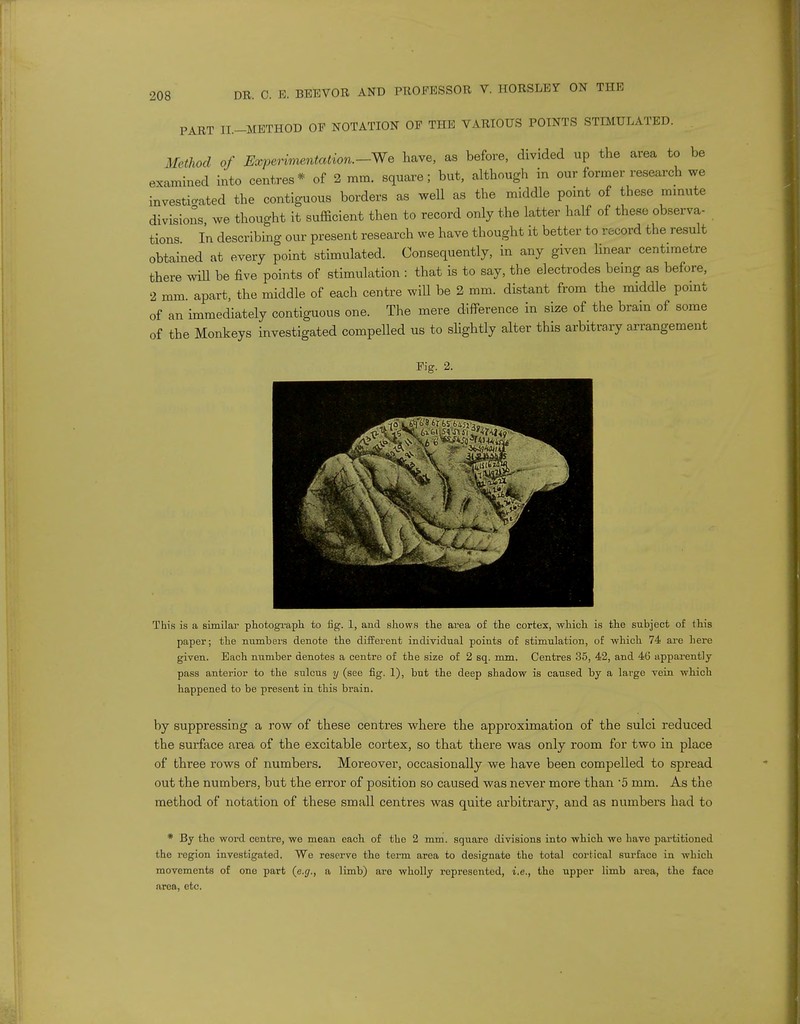 PART II.-METHOD OF NOTATION OF THE VARIOUS POINTS STIMULATED. Method of Experimentation.-We have, as before, divided up the area to be examined into centres* of 2 mm. square; but, although in our former research we investigated the contiguous borders as well as the middle point of these minute divisions, we thought it sufficient then to record only the latter half of these observa- tions In describing our present research we have thought it better to record the result obtained at every point stimulated. Consequently, in any given linear centimetre there will be five points of stimulation : that is to say, the electrodes being as before, 2 mm. apart, the middle of each centre will be 2 mm. distant from the middle point of an immediately contiguous one. The mere difference in size of the brain of some of the Monkeys investigated compelled us to slightly alter this arbitrary arrangement Fig. 2. This is a similar photograph to tig. 1, and shows the area of the cortex, which is the subject of this paper; the numbers denote the different individual points of stimulation, of which 74 are here given. Each number denotes a centre of the size of 2 sq. mm. Centres 35, 42, and 46 apparently pass anterior to the sulcus y (see fig. 1), but the deep shadow is caused by a large vein which happened to be present in this brain. by suppressing a row of these centres where the approximation of the sulci reduced the surface area of the excitable cortex, so that there was only room for two in place of three rows of numbers. Moreover, occasionally we have been compelled to spread out the numbers, but the error of position so caused was never more than 5 mm. As the method of notation of these small centres was quite arbitrary, and as numbers had to * By the word centre, we mean each of the 2 mm. square divisions into which we have partitioned the region investigated. We reserve the term area to designate the total cortical surface in which movements of one part (e.g., a limb) are wholly represented, i.e., the upper limb area, the face area, etc.