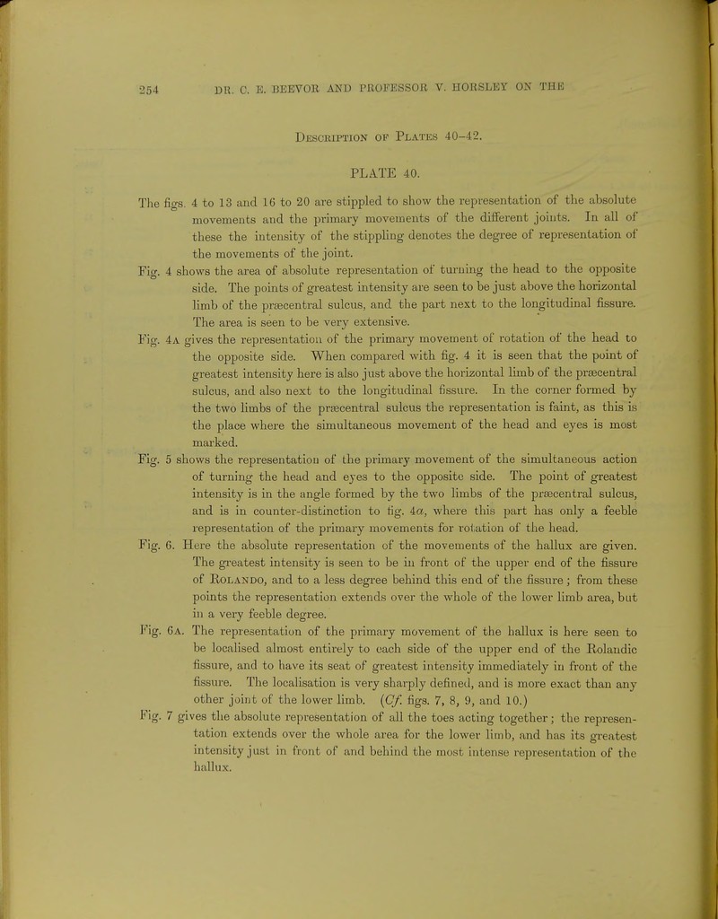 Description of Plates 40-42. PLATE 40. The fio-s. 4 to 13 and 16 to 20 are stippled to show the representation of the absolute movements and the primary movements of the different joints. In all of these the intensity of the stippling denotes the degree of representation of the movements of the joint. Fig. 4 shows the area of absolute representation of turning the head to the opposite side. The points of greatest intensity are seen to be just above the horizontal limb of the preecentral sulcus, and the part next to the longitudinal fissure. The area is seen to be very extensive. Fig. 4a gives the representation of the primary movement of rotation of the head to the opposite side. When compared with fig. 4 it is seen that the point of greatest intensity here is also just above the horizontal limb of the prsecentral sulcus, and also next to the longitudinal fissure. In the corner formed by the two limbs of the praacentral sulcus the representation is faint, as this is the place where the simultaneous movement of the head and eyes is most marked. Fig. 5 shows the representation of the primary movement of the simultaneous action of turning the head and eyes to the opposite side. The point of greatest intensity is in the angle formed by the two limbs of the prsecentral sulcus, and is in counter-distinction to fig. 4a, where this part has only a feeble representation of the primary movements for rotation of the head. Fig. 6. Here the absolute representation of the movements of the hallux are given. The greatest intensity is seen to be in front of the upper end of the fissure of Rolando, and to a less degree behind this end of the fissure; from these points the representation extends over the whole of the lower limb area, but in a very feeble degree. Fig. Ga. The representation of the primary movement of the hallux is here seen to be localised almost entirely to each side of the upper end of the Rolandic fissure, and to have its seat of greatest intensity immediately in front of the fissure. The localisation is very sharply defined, and is more exact than any other joint of the lower limb. (Cf. figs. 7, 8, 9, and 10.) Fig. 7 gives the absolute representation of all the toes acting together; the represen- tation extends over the whole area for the lower limb, and has its greatest intensity just in front of and behind the most intense representation of the hallux.