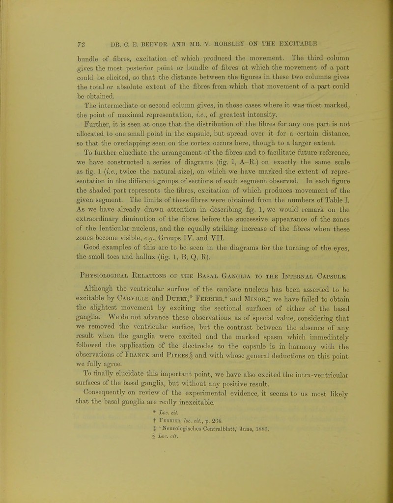 bundle of fibres, excitation of which produced the movement. The third column gives the most posterior point or bundle of fibres at which the movement of a part could be elicited, so that the distance between the figures in these two columns gives the total or absolute extent of the fibres from which that movement of a part could be obtained. The intermediate or second column gives, in those cases where it was most marked, the point of maximal representation, i.e., of greatest intensity. Further, it is seen at once that the distribution of the fibres for any one part is not allocated to one small point in the capsule, but spread over it for a certain distance, so that the overlapping seen on the cortex occurs here, though to a larger extent. To further elucdiate the arrangement of the fibres and to facilitate future reference, we have constructed a series of diagrams (fig. 1, A-R.) on exactly the same scale as fig. 1 (i.e., twice the natural size), on which we have marked the extent of repre- sentation in the different groups of sections of each segment observed. In each figure the shaded part represents the fibres, excitation of which produces movement of the given segment. The limits of these fibres were obtained from the numbers of Table I. As we have already drawn attention in describing fig. 1, we would remark on the extraordinary diminution of the fibres before the successive appearance of the zones of the lenticular nucleus, and the equally striking increase of the fibres when these zones become visible, e.g., Groups IV. and VII. Good examples of this are to be seen in the diagrams for the turning of the eyes, the small toes and hallux (fig. 1, B, Q, R). Physiological Relations of the Basal Ganglta to the Internal Capsule. Although the venti-icular surface of the caudate nucleus has been asserted to be excitable by Carville and Duret,* Ferrier^ and Minor,J we have failed to obtain the slightest movement by exciting the sectional surfaces of either of the basal ganglia. We do not advance these observations as of special value, considering that we removed the ventricular surface, but the contrast between the absence of any result when the ganglia were excited and the marked spasm which immediately followed the application of the electrodes to the capsule is in harmony with the observations of Franck and Pitres,§ and with whose general deductions on this point we fully agree. To finally elucidate this important point, we have also excited the intra ventricular surfaces of the basal ganglia, but without any positive result. Consequently on review of the experimental evidence, it seems to us most likely that the basal ganglia are really inexcitable. * Loc. cit. t Ferriek, loc. cit., p. 204 | ' Ncurologischcs Contrulblatt,' Juno, ISS'.l § Luc. cit.
