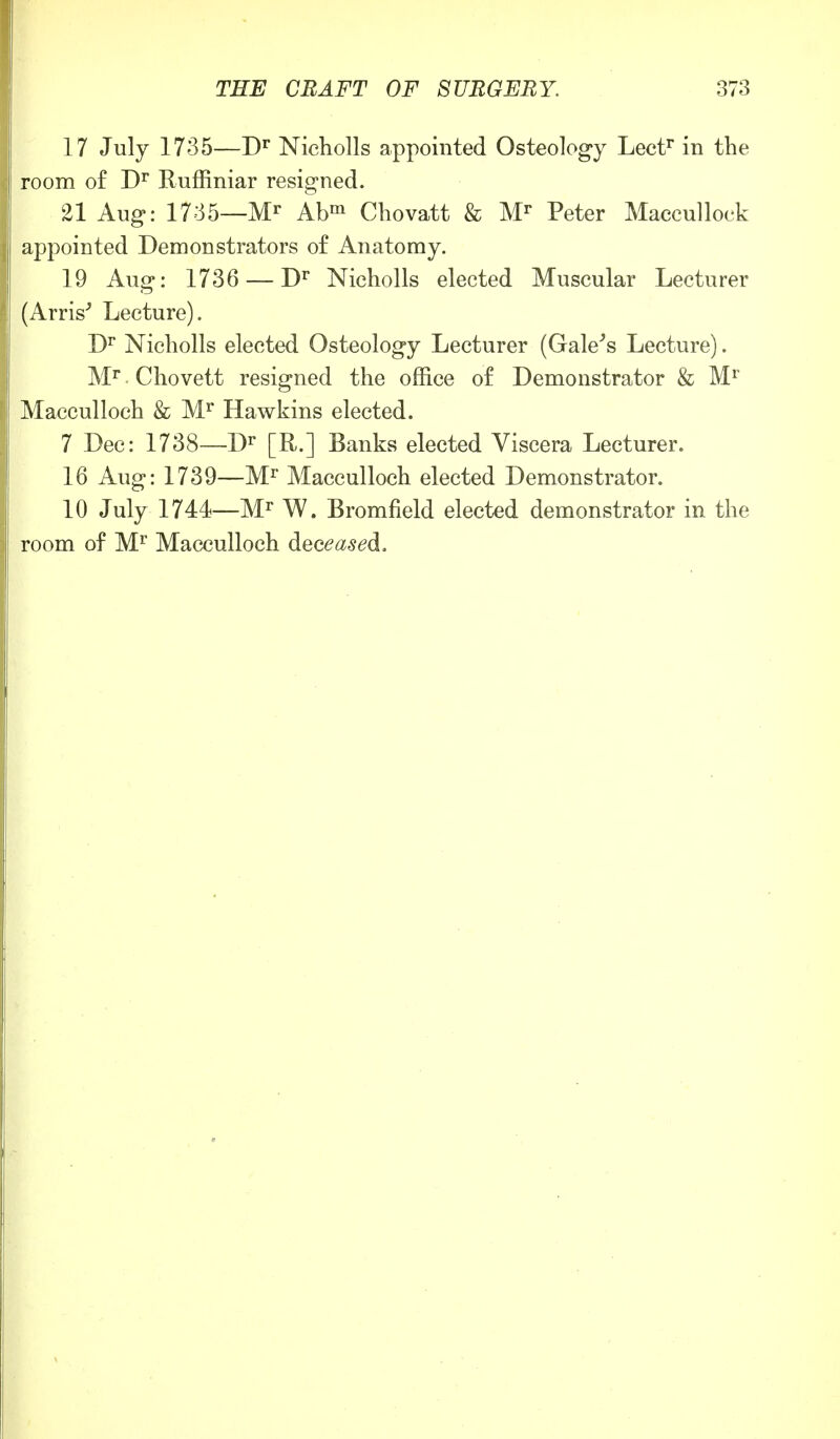 17 July 1735—Dr Nicholls appointed Osteology Lectr in the room of Dr Ruffiniar resigned. 21 Aug: 1735—Mr Abm Chovatt & Mr Peter Maccullock appointed Demonstrators of Anatomy. 19 Aug: 1736 — Dr Nicholls elected Muscular Lecturer (Arris-' Lecture). Dr Nicholls elected Osteology Lecturer (Gale's Lecture). Mr Chovett resigned the office of Demonstrator & Mr Macculloch & Mr Hawkins elected. 7 Dec: 1738—Dr [R.] Banks elected Viscera Lecturer. 16 Aug: 1739—Mr Macculloch elected Demonstrator. 10 July 1744—Mr W. Bromfield elected demonstrator in the room of Mr Macculloch deceased.