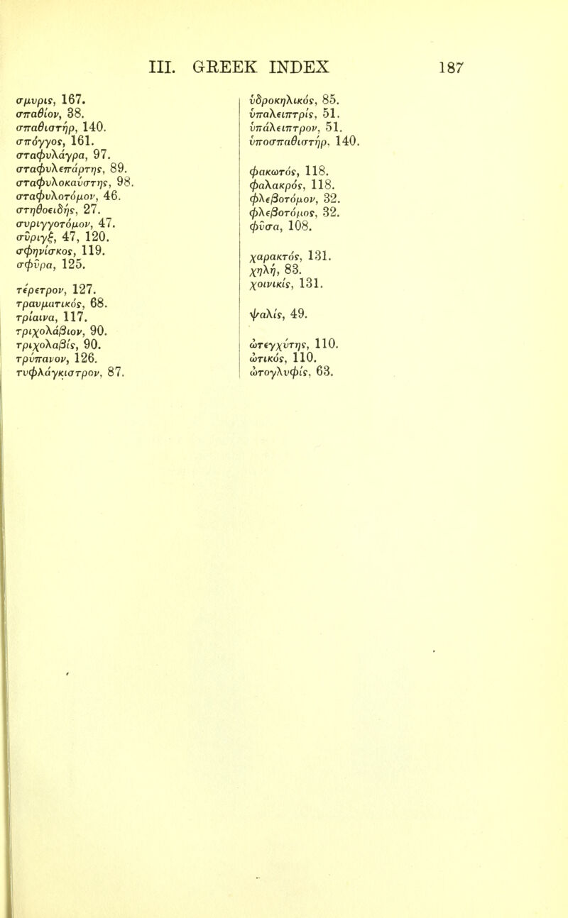 o-fivpis, 167. (rnaBLov, 38. (TTraBiarrjp, 140. o-rrdyyos, 161. (rracpvXdypa, 97. ara(pv\sirdpTr]s, 89. <TTa(pvXoKav(TTr]9, 98 <TTa(f>v\oT6poi', 46. (TTr]6oei8r)s, 27. o-uptyyoTo/Liof, 47. <riJpiy£, 47, 120. crcprjvicrKos, 119. <T<fivpa, 125. T^perpov, 127. TpavpuriKos, 68. Tplaiva, 117. rptxo\d(3iov, 90. TpixoXaftis, 90. TpvTravov, 126. riKpAdyKtarpo*', 87. III. GREEK INDEX vdpOKTfXlKOS, 85. VTraXeurrpis, 51. vnaXenrrpov, 51. VTTOcriradiaTrjp, 140. (pOKCOTOS, 118. (jyaXaKpos, 118. (pXeftoTopov, 32. (pXe/3ord/io?, 32. <pO(ra, 108. XapanTo?, 131. 83. XOIVIKLS, 131. \^a\iV, 49. ajxey^vr?;?, 110. coTi/cdy, 110. u)ToyXv<pis, 63.