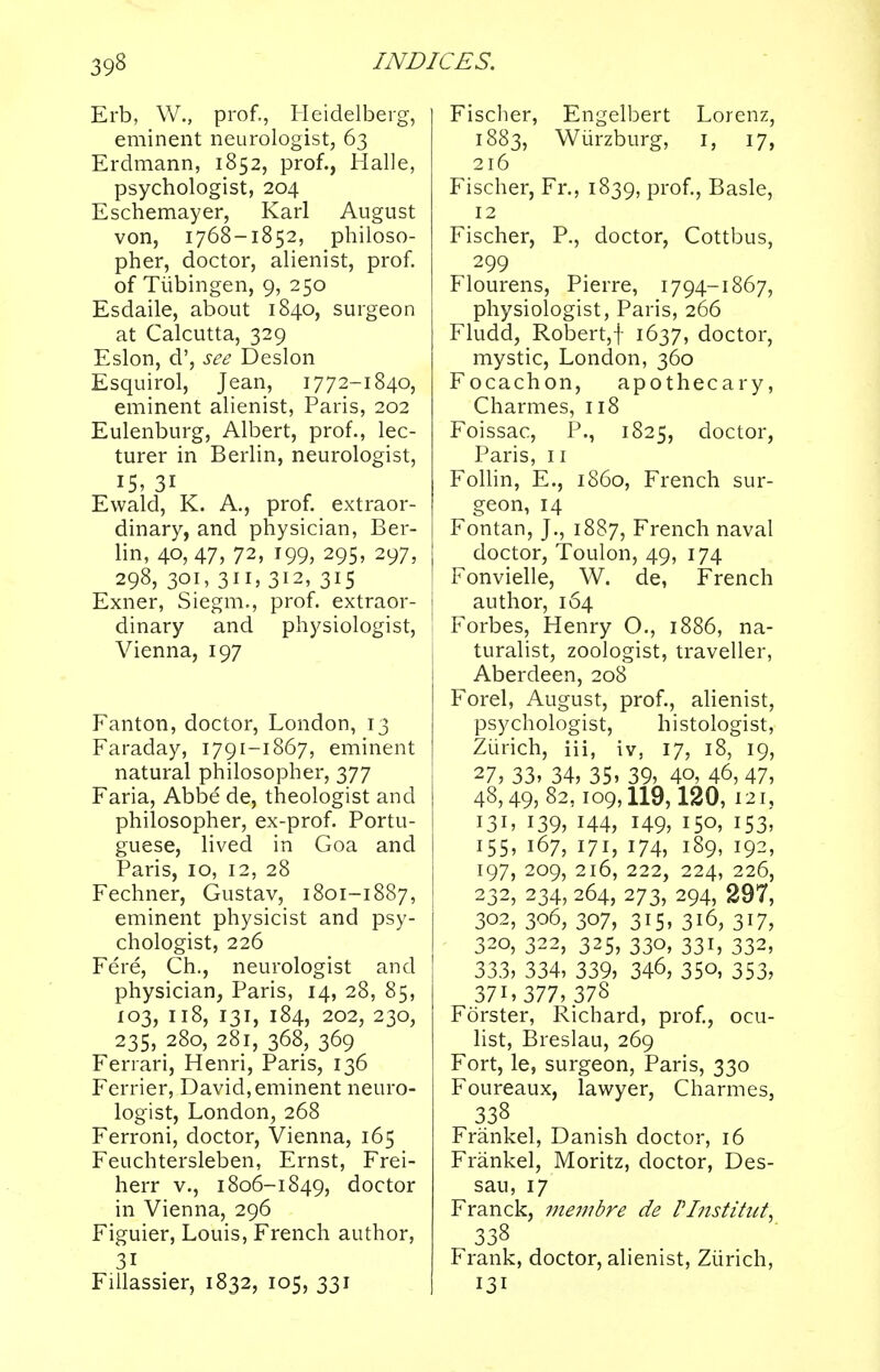 Erb, W., prof,, Heidelberg, eminent neurologist, 63 Erdmann, 1852, prof., Halle, psychologist, 204 Eschemayer, Karl August von, 1768 —1852, philoso- pher, doctor, alienist, prof, of Tubingen, 9, 250 Esdaile, about 1840, surgeon at Calcutta, 329 Eslon, d', see Deslon Esquirol, Jean, 1772-1840, eminent alienist, Paris, 202 Eulenburg, Albert, prof., lec- turer in Berlin, neurologist, 15. 31 Ewald, K. A., prof, extraor- dinary, and physician, Ber- lin, 4o,47, 72, 199, 295, 297, 298, 301, 311, 312, 315 Exner, Siegm., prof, extraor- dinary and physiologist, Vienna, 197 Fanton, doctor, London, 13 Faraday, 1791—1867, eminent natural philosopher, 377 Faria, Abbe de, theologist and philosopher, ex-prof. Portu- guese, lived in Goa and Paris, 10, 12, 28 Fechner, Gustav, 1801-1887, eminent physicist and psy- chologist, 226 Fere, Ch., neurologist and physician, Paris, 14, 28, 85, 103, 118, 131, 184, 202, 230, 235, 280, 281, 368, 369 Ferrari, Henri, Paris, 136 Ferrier, David,eminent neuro- logist, London, 268 Ferroni, doctor, Vienna, 165 Feuchtersleben, Ernst, Frei- herr v., 1806-1849, doctor in Vienna, 296 Figuier, Louis, French author, 3i Fillassier, 1832, 105, 331 Fischer, Engelbert Lorenz, 1883, Wiirzburg, 1, 17, 216 Fischer, Fr., 1839, prof., Basle, 12 Fischer, P., doctor, Cottbus, 299 Flourens, Pierre, 1794-1867, physiologist, Paris, 266 Fludd, Robert,! 1637, doctor, mystic, London, 360 Focachon, apothecary, Charmes, 118 Foissac, P., 1825, doctor, Paris, 11 Follin, E., i860, French sur- geon, 14 Fontan, J., 1887, French naval doctor, Toulon, 49, 174 Fonvielle, W. de, French author, 164 Forbes, Henry O., 1886, na- turalist, zoologist, traveller, Aberdeen, 208 Forel, August, prof., alienist, psychologist, histologist, Zurich, iii, iv, 17, 18, 19, 27, 33, 34, 35> 39, 40, 46,47, 48,49, 82,109,119,120, 121, 131, 139, 144, 149, 150, 153, 155, 167, 171, 174, 189, 192, 197, 209, 216, 222, 224, 226, 232, 234,264, 273, 294, 297, 302, 306, 307, 315, 316, 317, 320, 322, 325, 330, 331, 332, 333, 334, 339, 346, 350, 353, 371,377, 378 Forster, Richard, prof., ocu- list, Breslau, 269 Fort, le, surgeon, Paris, 330 Foureaux, lawyer, Charmes, 338 Frankel, Danish doctor, 16 Frankel, Moritz, doctor, Des- sau, 17 Franck, membre de VJnstitut. 338 Frank, doctor, alienist, Zurich, 131