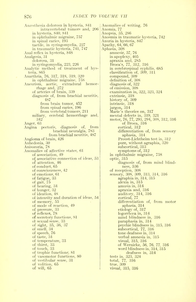 Anaesthesia dolorosa in hysteria, 841 intravertebral tumors and, 206 in hysteria, 840, 841 in ophthalmic migraine, 757 in spinal caries, 193 tactile, in syringomyelia, 227 in traumatic hysteria, 741, 747 Anal reflex in hysteria, 848 Analgesia, 31 dolorosa, 31 in syringomyelia, 223, 226 Analytic method of treatment of hys- teria, 865 Anarthria, 76, 317, 318, 319, 320 in ophthalmic migraine, 758 Aneurism, aortic, extradural hemor- rhage and, 272 of arteries of brain, 339 diagnosis of, from brachial neuritis, 487 from brain tumor, 452 from spinal caries, 196 from vertebral tumors, 211 miliary, cerebral hemorrhage and, 342 Anger, 63 Angina pectoris, diagnosis of, from brachial neuralgia, 783 from brachial neuritis, 487 Angioma of brain, 426 Anhedonia, 30 Anisocoria, 78 Anomalies of affective states, 61 of association, 49 of associative connection of ideas, 53 of attention, 46 of conduct, 65 of consciousness, 42 of emotions, 61 of fatigue, 33 of gait, 75 of hearing, 34 of hunger, 32 of ideation, 48 of intensity and duration of ideas, 54 of memory, 55 of mode of reaction, 49 of pressure, 33 of reflexes, 78 of secretory functions, 81 of sexual sense, 33 of sight, 35, 36, 37 of smell, 34 of speech, 76 of taste, 34 of temperature, 33 of thirst, 33 of touch, 33 of trophic functions, 81 of vasomotor functions, 80 of vestibular sense, 31 of volition, 65 of will, 65 ( Anomalies of w riting, 76 Anomia, 77 Anopsia, 35, 286 Anosmia in traumatic hysteria, 742 Anuria in hysteria, 847 Apathy, 64, 66, 67 Aphasia, 308 amnesic, 57, 76 in apoplexy, 405 apraxia and, 285 Broca's, 77, 312, 316 in cerebrospinal syphilis, 685 classification of, 309, 311 compound, 309 definition of, 308 diagnosis of, 322 of emission, 308 examination in, 322, 323, 324 extrinsic, 318 history of, 309 intrinsic, 318 jargon, 314 Marie's theories on, 317 mental defects in, 319, 321 motor, 76, 77, 293, 294, 308, 312, 316 of Broca, 316 cortical, 312 differentiation of, from sensory aphasia, 314 Proust-Lichtheim test in, 312 pure, without agraphia, 320 subcortical, 313 symptoms of, 312 in ophthalmic migraine, 758 optic, 315 diagnosis of, from mind blind- ness, 536 of reception, 308 sensory, 308, 309, 313, 314, 316 agraphia in, 314, 315 alexia in, 315 amusia in, 314 apraxia and, 316 auditory, 314, 316 cortical, 77 differentiation of, from motor aphasia, 314 etiology of, 317 logorrhoca in, 314 mind blindness in, 316 paraphasia in, 314 psychic blindness in, 315, 316 subcortical, 77, 316 tone deafness in, 314 verbal amnesia in, 315 visual, 315, 316 of Wernicke, 56, 76, 77, 316 word blindness in, 314, 315 deafness in, 314 tests in, 323, 324 total, 77, 316 true, 309 visual, 315, 316