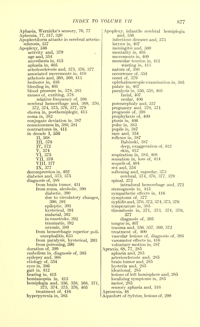 Aphasia, Wernicke's sensory, 76, 77 Aphemia, 77, 317, 320 Apoplectiform attacks in cerebral arterio- sclerosis, 337 Apoplexy, 346 activity and, 379 age and, 354 anaesthesia in, 415 aphasia in, 405 arteriosclerosis and, 375, 376, 377 associated movements in, 410 athetosis and, 368, 369, 413 bedsores in, 416 bleeding in, 401 blood pressure in, 378, 383 causes of, exciting, 378 relative frequency of, 396 cerebral hemorrhage and, 369, 370, 372, 374, 375, 376, 377, 379 chorea in, posthemiplegic, 413 coma in, 382 conjugate deviation in, 387 consciousness in, 380, 381 contractures in, 411 in decade I, 356 II, 368 III, 370 IV, 372 V, 374 VI, 375 VII, 376 VIII, 377 IX, 377 decompression in, 402 diabetes and, 373, 375 diagnosis of, 388 from brain tumor, 451 from coma, alcoholic, 390 diabetic, 390 due to circulatory changes, 390, 391 epileptic, 391 hysterical, 391 malarial, 392 in sunstroke, 392 traumatic, 392 uraemic, 389 from hemorrhagic superior poli- encephalitis, 633 from paralysis, hysterical, 393 from poisoning, 390 duration of, 399 embolism in, diagnosis of, 395 epilepsy and, 368 etiology of, 354 eyes in, 386 gait in, 412 hearing in, 415 hemianopsia in, 415 hemiplegia and, 356, 358, 368, 371, 373, 374, 375, 376, 405 treatment of, 416 hyperpyrexia in, 385 Apoplexy, infantile cerebral hemiplegia and, 356 infectious diseases and, 373 larynx in, 407 meningitis and, 369 mentality in, 405 movements in, 409 muscular tension in, 411 wasting in, 413 nature of, 380 occurrence of, 354 onset of, 379 ophthalmoscopic examination in, 385 palate in, 407 paralysis in, 356, 358, 405 facial, 407 ocular, 406 porencephaly and, 357 pregnancy and, 370, 371 prognosis of, 398 prophylaxis of, 400 ptosis in, 406 pulse in, 383 pupils in, 387 race and, 354 reflexes in, 387 Babinski, 387 deep, exaggeration of, 412 skin, 412 respiration in, 384, 408 sensation in, loss of, 414 sequels of, 404 sex and, 354 softening and, capsular, 373 cerebral, 374, 376, 377, 379 spinal, 272 intradural hemorrhage and, 272 stereognosis in, 415 sympathetic effects in, 416 symptoms of, 377 syphilis and, 370, 372, 374, 375, 376 temperature in, 385 thrombosis in, 371, 373, 374, 376, 377 diagnosis of, 395 tongue in, 407 trauma and, 356, 357, 369, 372 treatment of, 400 vascular lesions of, diagnosis of, 395 vasomotor effects in, 416 voluntary motion in, 387 Apraxia, 68, 77, 285 aphasia and, 285 arteriosclerosis and, 285 brain tumor and, 285 hysteria and, 285 ideational, 285 lesions of left hemisphere and, 285 localizing symptoms in, 285 motor, 285 sensory aphasia and, 316 Aprosexia, 46 Aqueduct of Sylvius, lesions of, 299
