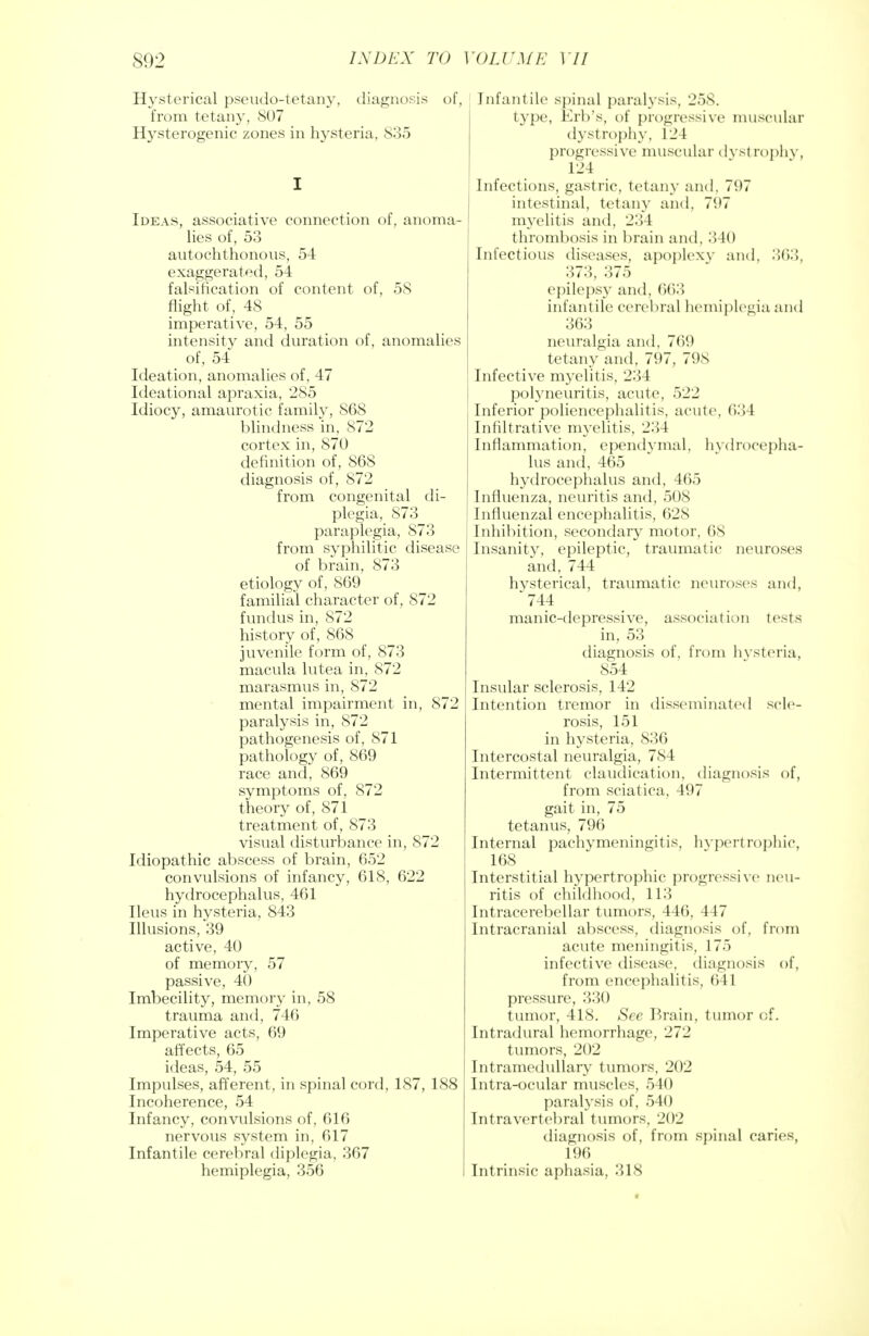 Hysterical pseudo-tetany, diagnosis of, from tetany, 807 Hysterogenic zones in hysteria, 835 I Ideas, associative connection of, anoma- lies of, 53 autochthonous, 54 exaggerated, 54 falsification of content of, 58 flight of, 48 imperative, 54, 55 intensity and duration of, anomalies of, 54 Ideation, anomalies of, 47 Ideational apraxia, 285 Idiocy, amaurotic family, 868 blindness in, 872 cortex in, 870 definition of, 868 diagnosis of, 872 from congenital di- plegia, 873 paraplegia, 873 from syphilitic disease of brain, 873 etiology of, S69 familial character of, 872 fundus in, 872 history of, 868 juvenile form of, 873 macula lutea in, 872 marasmus in, 872 mental impairment in, 872 paralysis in, 872 pathogenesis of, 871 pathology of, 869 race and, 869 symptoms of, 872 theory of, 871 treatment of, 873 visual disturbance in, 872 Idiopathic abscess of brain, 652 convulsions of infancy, 618, 622 hydrocephalus, 461 Ileus in hysteria, 843 Illusions, 39 active, 40 of memory, 57 passive, 40 Imbecility, memory in, 58 trauma and, 746 Imperative acts, 69 affects, 65 ideas, 54, 55 Impulses, afferent, in spinal cord, 187, 188 Incoherence, 54 Infancy, convulsions of, 616 nervous system in, 617 Infantile cerebral diplegia, 367 hemiplegia, 356 Infantile spinal paralysis, 258. type, Erb's, of progressive muscular dystrophy, 124 progressive muscular dvst rophv, 124 Infections, gastric, tetany and. 797 intestinal, tetany and, 797 myelitis and, 234 thrombosis in brain and, 340 Infectious diseases, apoplexy and. 'MY.), 373, 375 epilepsy and, 663 infantile cerebral hemiplegia and 363 neuralgia and. 769 tetany and, 797, 798 Infective myelitis, 234 polyneuritis, acute, 522 Inferior poliencephalitis, acute, 634 Infiltrative myelitis, 234 Inflammation, ependymal, hydrocepha- lus and, 465 hydrocephalus and, 465 Influenza, neuritis and, 508 Influenzal encephalitis, 628 Inhibition, secondary motor, 68 Insanity, epileptic, traumatic neuroses and, 744 hysterical, traumatic neuroses and, 744 manic-depressive, association tests in, 53 diagnosis of, from hysteria, 854 Insular sclerosis, 142 Intention tremor in disseminated scle- rosis, 151 in hysteria, 836 Intercostal neuralgia, 784 Intermittent claudication, diagnosis of, from sciatica, 497 gait in, 75 tetanus, 796 Internal pachymeningitis, hypertrophic, 168 Interstitial hypertrophic progressive neu- ritis of childhood, 113 Intracerebellar tumors, 446, 447 Intracranial abscess, diagnosis of, from acute meningitis, 175 infective disease, diagnosis of, from encephalitis, 641 pressure, 330 tumor, 418. See Brain, tumor of. Intradural hemorrhage, 272 tumors, 202 Intramedullary tumors, 202 Intra-ocular muscles, 540 paralysis of, 540 Intra vertebral tumors. 202 diagnosis of, from spinal caries, 196 Intrinsic aphasia. 318