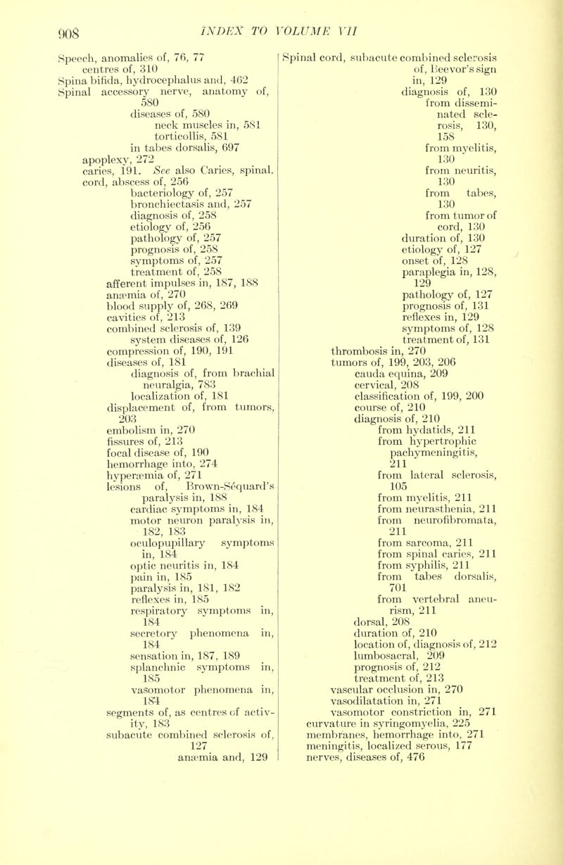 Speech, anomalies of, 76, 7? centres of, 310 Spina bifida, hydrocephalus and, 462 Spinal accessory nerve, anatomy of, 580 diseases of, 580 neck muscles in, 581 torticollis, 581 in tabes dorsalis, 697 apoplexy, 272 caries, 191. See also Caries, spinal, cord, abscess of, 256 bacteriology of, 257 bronchiectasis and, 257 diagnosis of, 258 etiology of, 256 pathology of, 257 prognosis of, 258 symptoms of, 257 treatment of, 258 afferent impulses in, 187, 188 anaemia of, 270 blood supply of, 268, 269 cavities of, 213 combined sclerosis of, 139 system diseases of, 126 compression of, 190, 191 diseases of, 181 diagnosis of, from brachial neuralgia, 783 localization of, 181 displacement of, from tumors, 203 embolism in, 270 fissures of, 213 focal disease of, 190 hemorrhage into, 274 hyperemia of, 271 lesions of, Brown-Sequard's paralysis in, 188 cardiac symptoms in, 184 motor neuron paralysis in, 182, 183 oculopupillary symptoms in, 184 _ optic neuritis in, 184 pain in, 185 paralysis in, 181, 182 reflexes in, 185 respiratory symptoms in, 184 secretory phenomena in, 184 sensation in, 187, 189 splanchnic symptoms in, 185 vasomotor phenomena in, 18-4 segments of, as centres of activ- ity, 183 subacute combined sclerosis of, 127 anemia and, 129 Spinal cord, subacute combined sclerosis of, Beevor's sign in, 129 diagnosis of, 130 from dissemi- nated scle- rosis, 130, 158 from myelitis, 130 from neuritis, 130 from tabes, 130 from tumor of cord, 130 duration of, 130 etiology of, 127 onset of, 128 paraplegia in, 128, 129 pathology of, 127 prognosis of, 131 reflexes in, 129 symptoms of, 128 treatment of, 131 thrombosis in, 270 tumors of, 199, 203, 206 cauda equina, 209 cervical, 208 classification of, 199, 200 course of, 210 diagnosis of, 210 from hydatids, 211 from hypertrophic pachymeningitis, 211 from lateral sclerosis, 105 from myelitis, 211 from neurasthenia, 211 from neurofibromata, 211 from sarcoma, 211 from spinal caries, 211 from syphilis, 211 from tabes dorsalis, 701 from vertebral aneu- rism, 211 dorsal, 208 duration of, 210 location of, diagnosis of, 212 lumbosacral, 209 prognosis of, 212 treatment of, 213 vascular occlusion in, 270 vasodilatation in, 271 vasomotor constriction in, 271 curvature in syringomyelia, 225 membranes, hemorrhage into, 271 meningitis, localized serous, 177 nerves, diseases of, 476