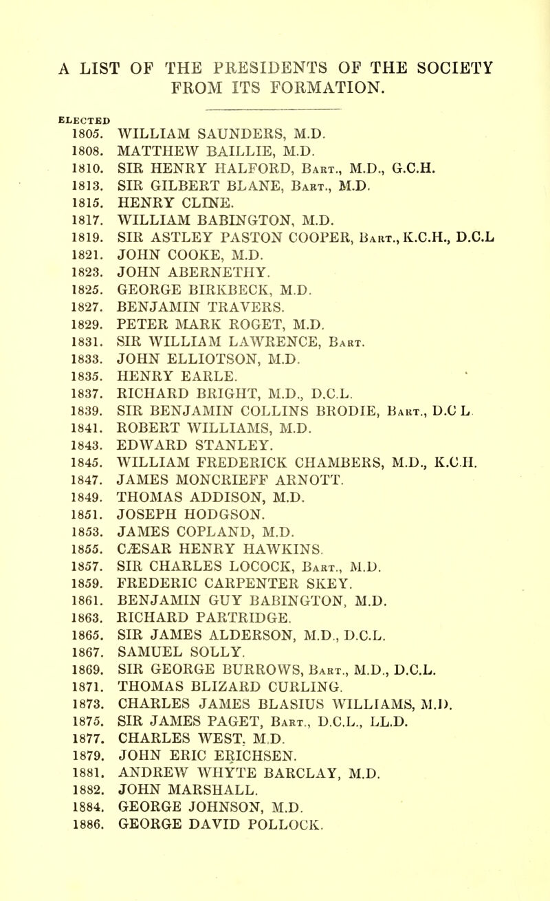A LIST OF THE PRESIDENTS OF THE SOCIETY FROM ITS FORMATION. ELECTED 1805. WILLIAM SAUNDERS, M.D. 1808. MATTHEW BAILLIE, M.D. 1810. SIR HENRY HALFORD, Bart., M.D., G.C.H. 1813. SIR GILBERT BLANE, Bart., M.D. 1815. HENRY CLINE. 1817. WILLIAM BABINGTON, M.D. 1819. SIR ASTLEY PASTON COOPER, Bart., K.C.H., D.C.L 1821. JOHN COOKE, M.D. 1823. JOHN ABERNETHY. 1825. GEORGE BIRKBECK, M.D. 1827. BENJAMIN TRAVERS. 1829. PETER MARK ROGET, M.D. 1831. SIR WILLIAM LAWRENCE, Bart. 1833. JOHN ELLIOTSON, M.D. 1835. HENRY EARLE. 1837. RICHARD BRIGHT, M.D., D.C.L. 1839. SIR BENJAMIN COLLINS BRODIE, Bart., D.C L 1841. ROBERT WILLIAMS, M.D. 1843. EDWARD STANLEY. 1845. WILLIAM FREDERICK CHAMBERS, M.D., K.C II. 1847. JAMES MONCRIEFF ARNOTT. 1849. THOMAS ADDISON, M.D. 1851. JOSEPH HODGSON. 1853. JAMES COPLAND, M.D. 1855. C^SAR HENRY HAWKINS. 1857. SIR CHARLES LOCOCK, Bart., M.D. 1859. FREDERIC CARPENTER SKEY. 1861. BENJAMIN GUY BABINGTON, M.D. 1863. RICHARD PARTRIDGE. 1865. SIR JAMES ALDERSON, M.D., D.C.L. 1867. SAMUEL SOLLY. 1869. SIR GEORGE BURROWS, Bart., M.D., D.C.L. 1871. THOMAS BLIZARD CURLING. 1873. CHARLES JAMES BLASIUS WILLIAMS, M.D. 1875. SIR JAMES PAGET, Bart., D.C.L., LL.D. 1877. CHARLES WEST, M.D. 1879. JOHN ERIC ERICHSEN. 1881. ANDREW WHYTE BARCLAY, M.D. 1882. JOHN MARSHALL. 1884. GEORGE JOHNSON, M.D. 1886. GEORGE DAVID POLLOCK.